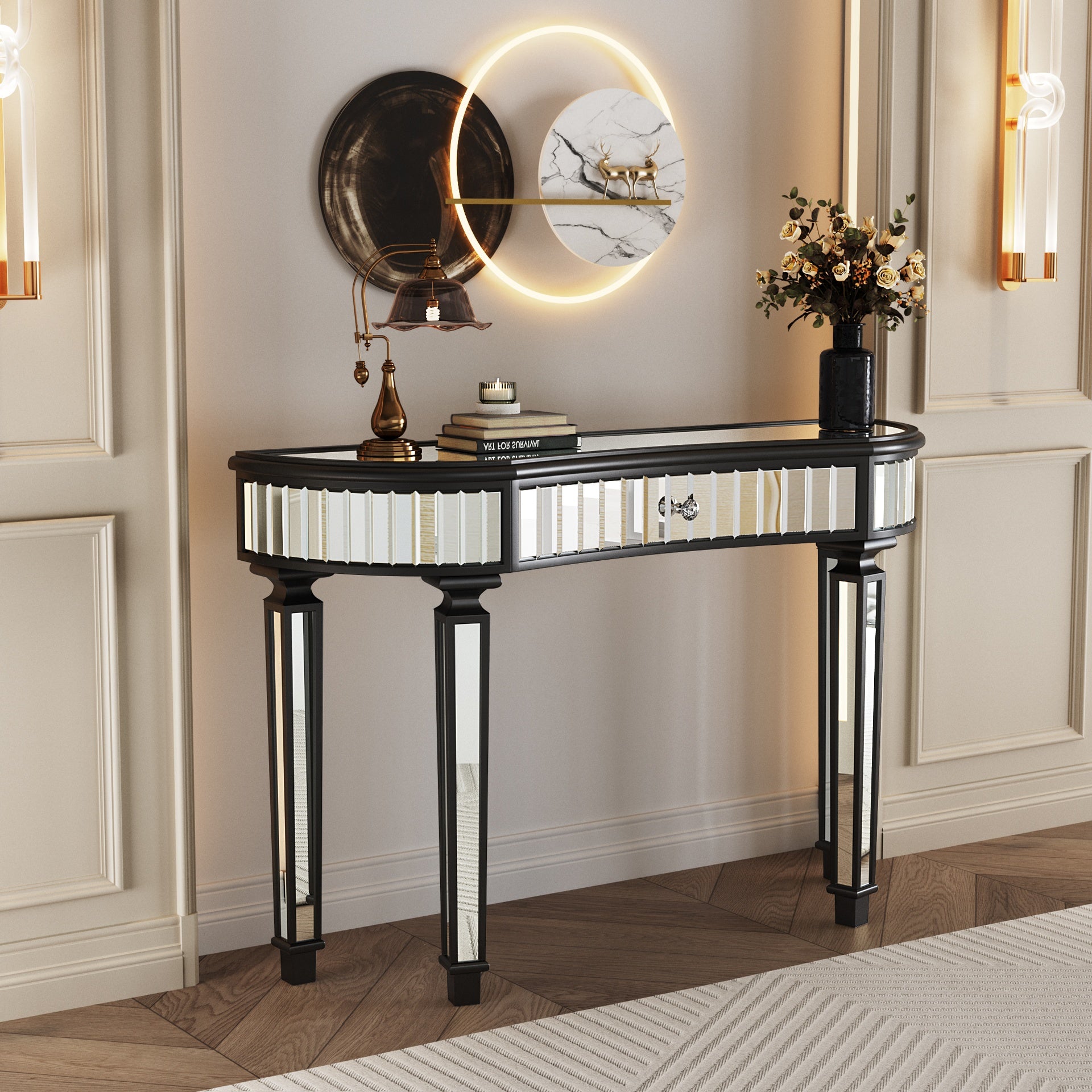 47" Half-Moon Mirrored Console Table with Fluted Glass & Crystal Knob Drawer - Silver Entryway Vanity Desk for Bedroom/Dressing Room(Black+Sliver)
