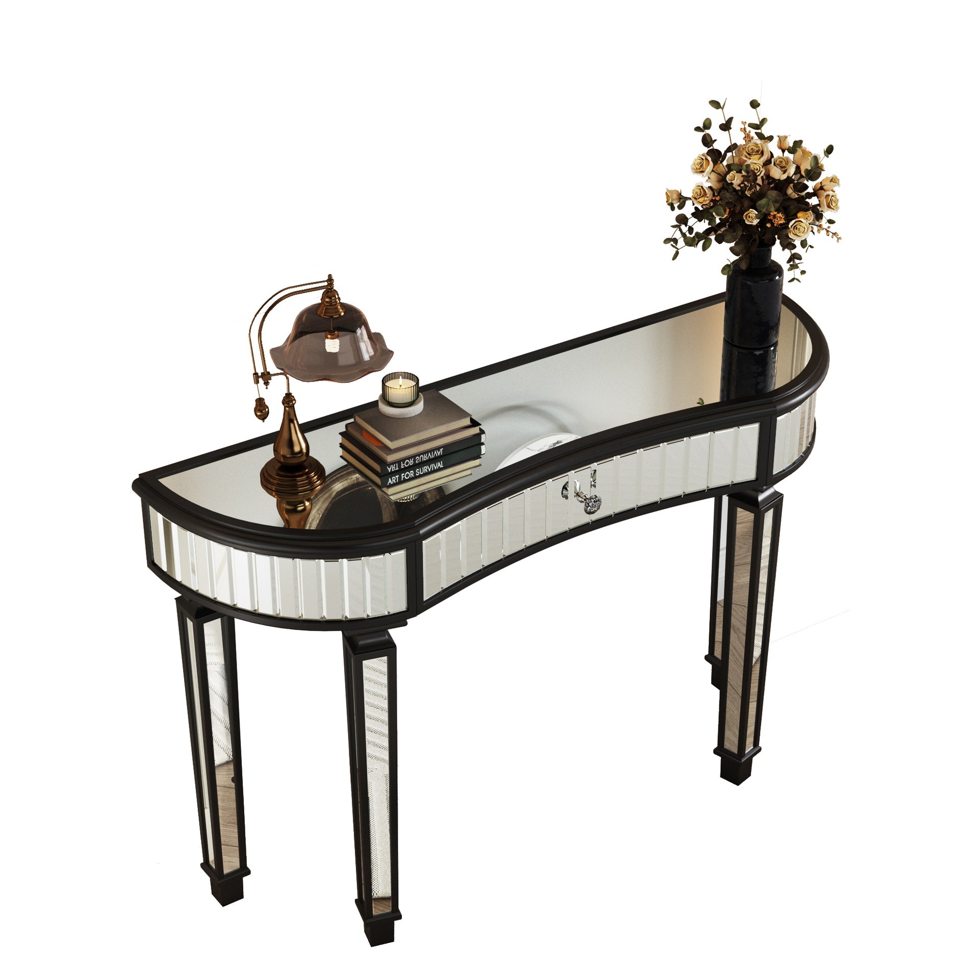 47" Half-Moon Mirrored Console Table with Fluted Glass & Crystal Knob Drawer - Silver Entryway Vanity Desk for Bedroom/Dressing Room(Black+Sliver)
