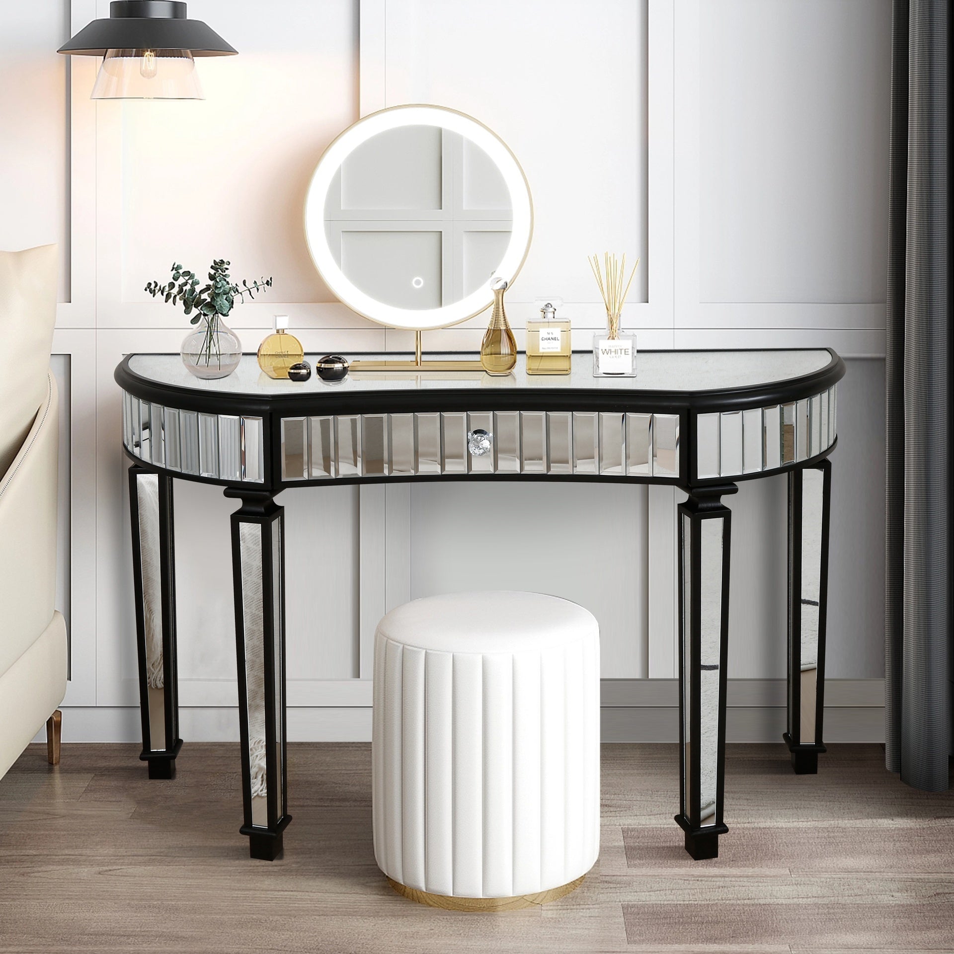 47" Half-Moon Mirrored Console Table with Fluted Glass & Crystal Knob Drawer - Silver Entryway Vanity Desk for Bedroom/Dressing Room(Black+Sliver)