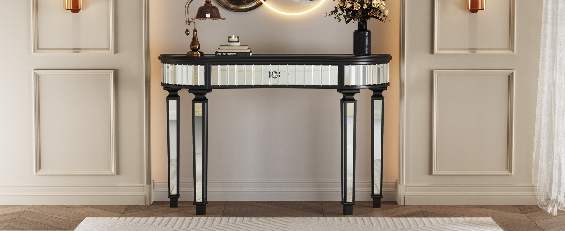 47" Half-Moon Mirrored Console Table with Fluted Glass & Crystal Knob Drawer - Silver Entryway Vanity Desk for Bedroom/Dressing Room(Black+Sliver)