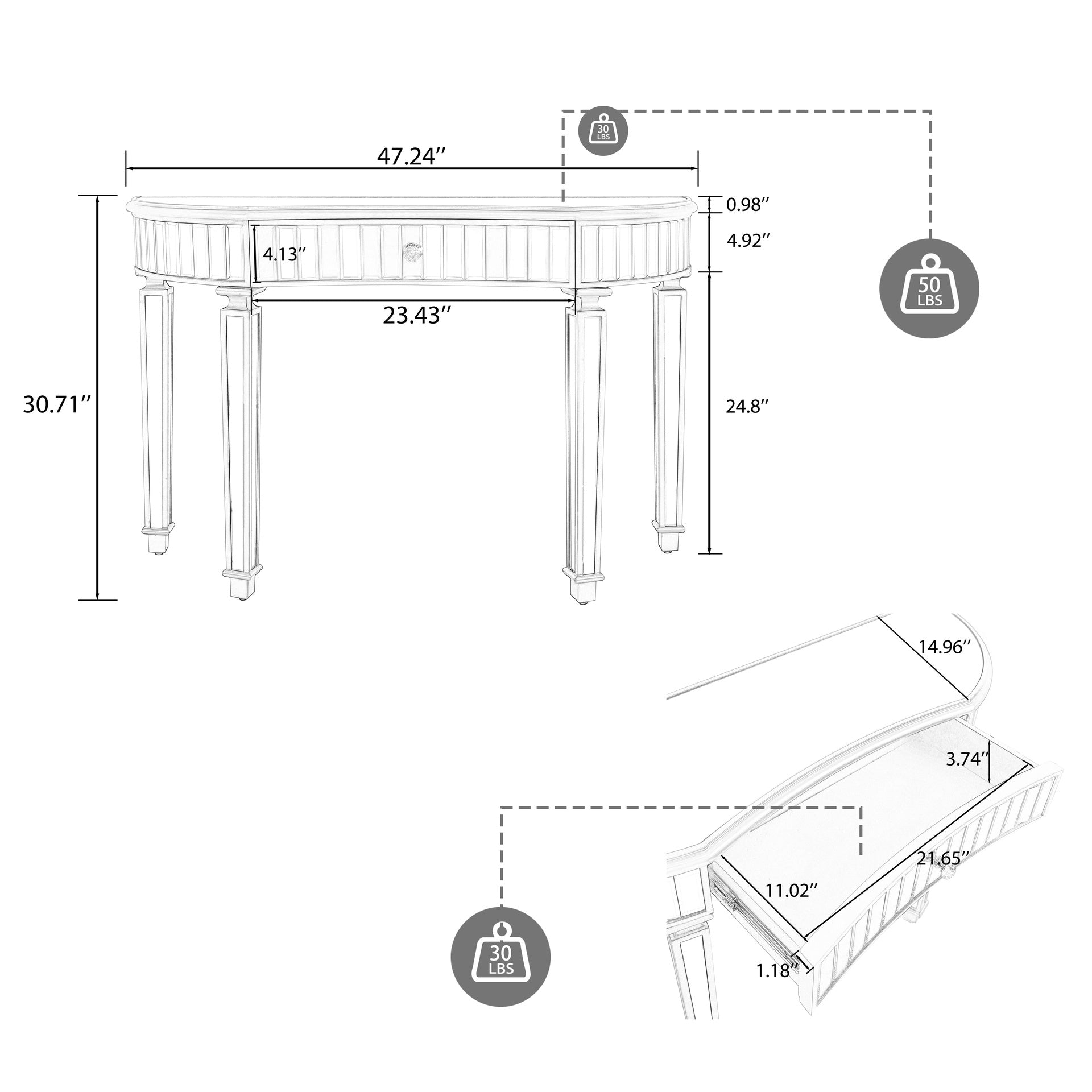 47" Half-Moon Mirrored Console Table with Fluted Glass & Crystal Knob Drawer - Silver Entryway Vanity Desk for Bedroom/Dressing Room(Black+Sliver)
