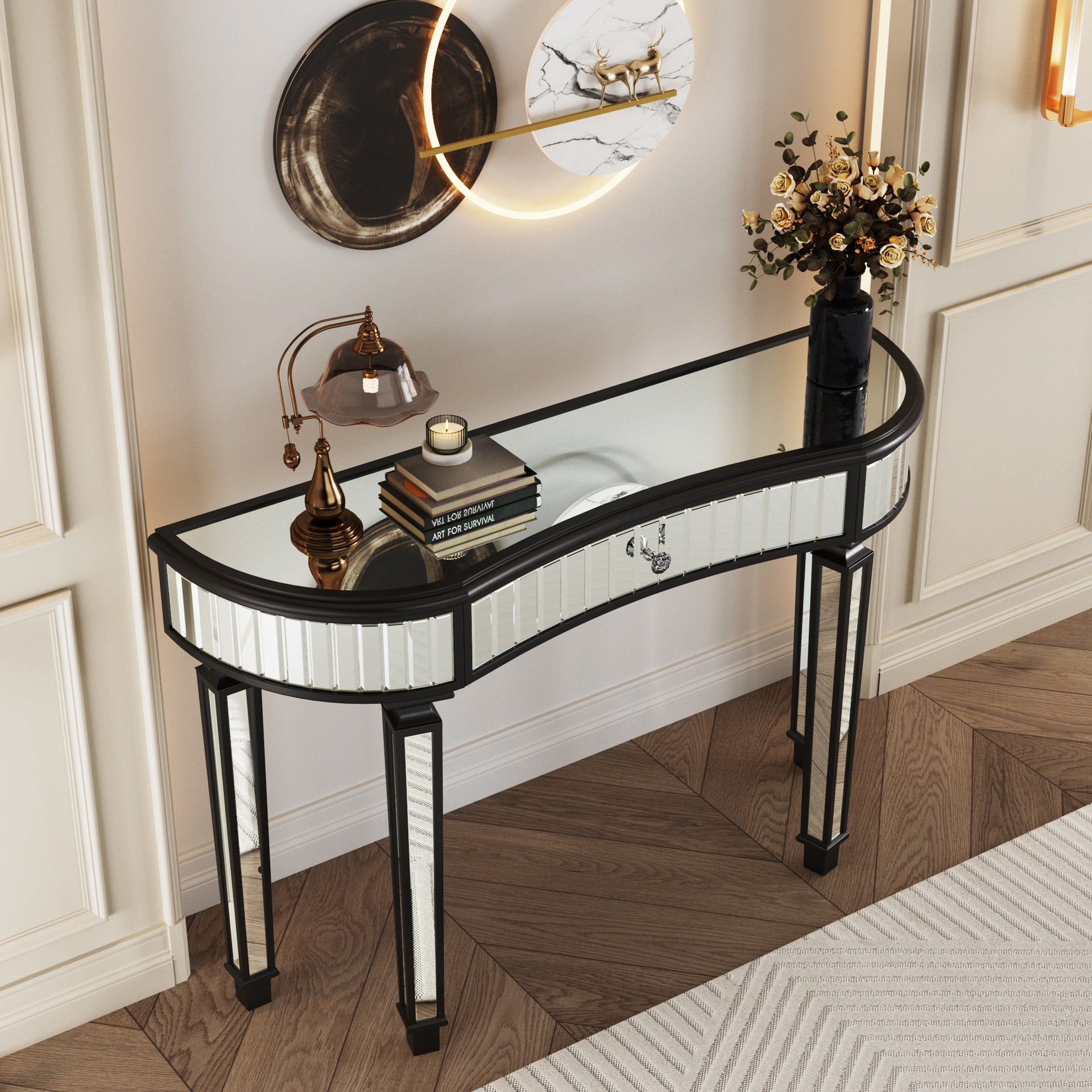47" Half-Moon Mirrored Console Table with Fluted Glass & Crystal Knob Drawer - Silver Entryway Vanity Desk for Bedroom/Dressing Room(Black+Sliver)