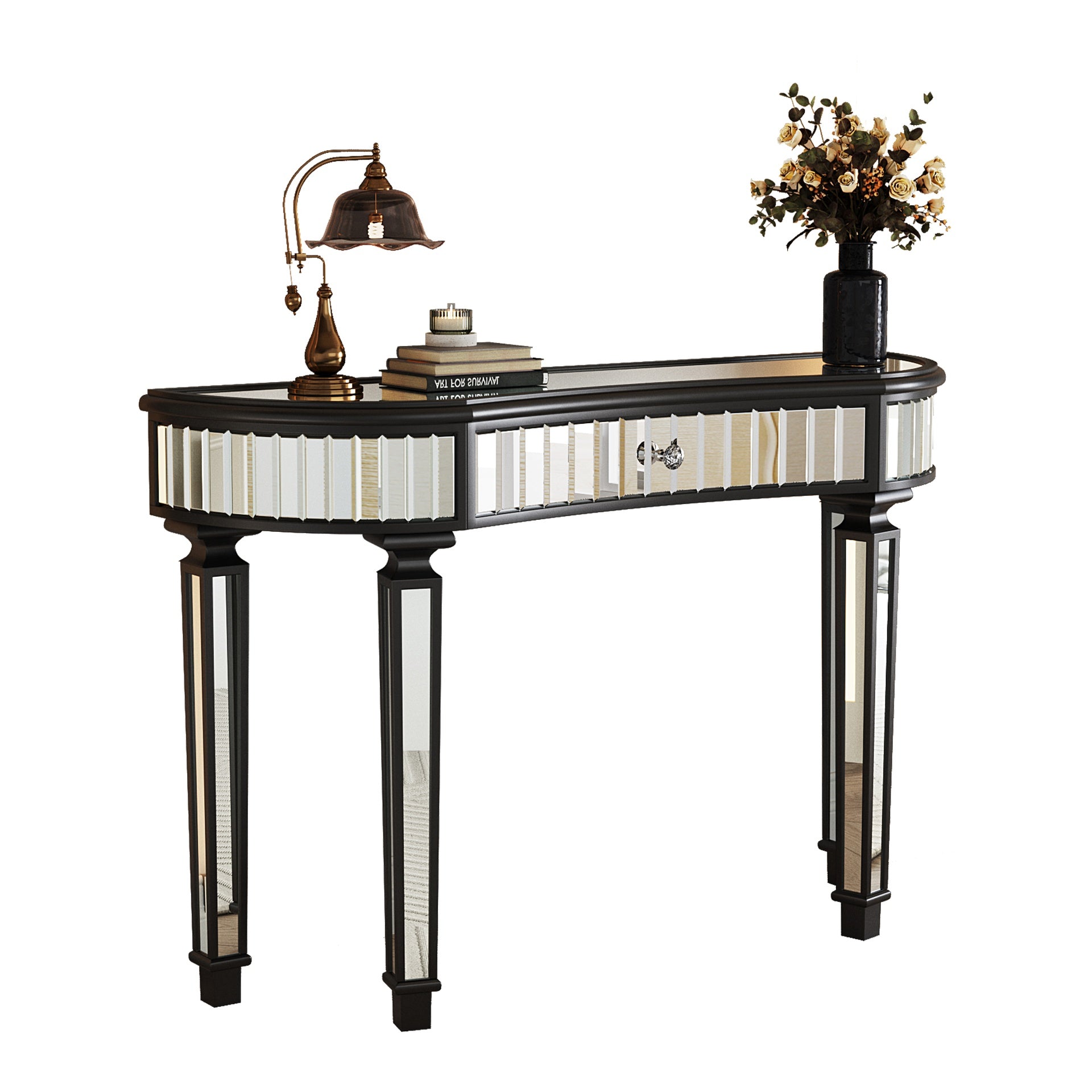 47" Half-Moon Mirrored Console Table with Fluted Glass & Crystal Knob Drawer - Silver Entryway Vanity Desk for Bedroom/Dressing Room(Black+Sliver)