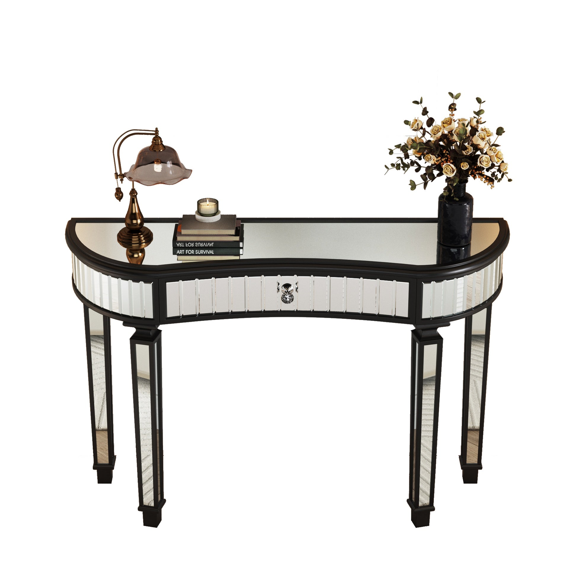 47" Half-Moon Mirrored Console Table with Fluted Glass & Crystal Knob Drawer - Silver Entryway Vanity Desk for Bedroom/Dressing Room(Black+Sliver)