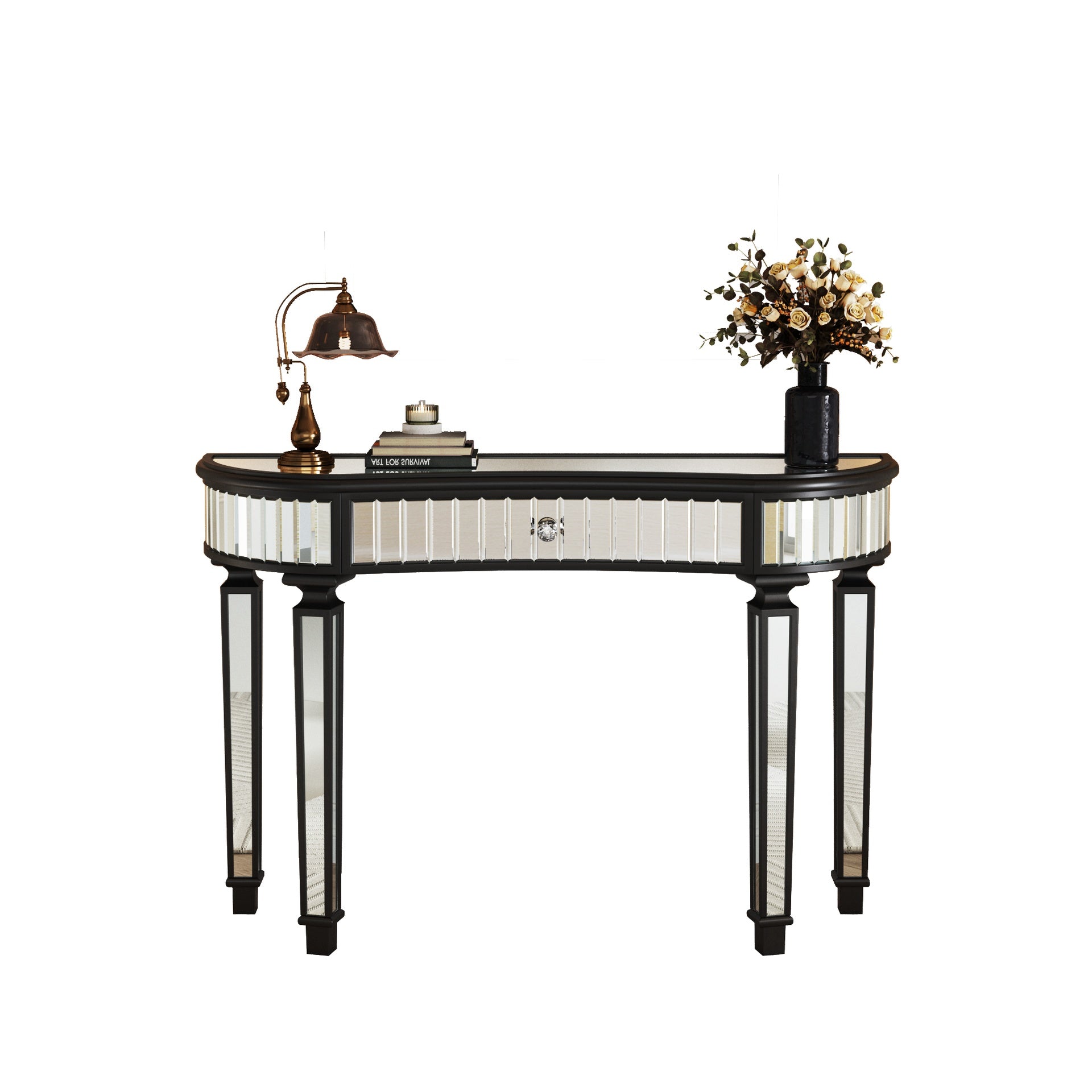 47" Half-Moon Mirrored Console Table with Fluted Glass & Crystal Knob Drawer - Silver Entryway Vanity Desk for Bedroom/Dressing Room(Black+Sliver)