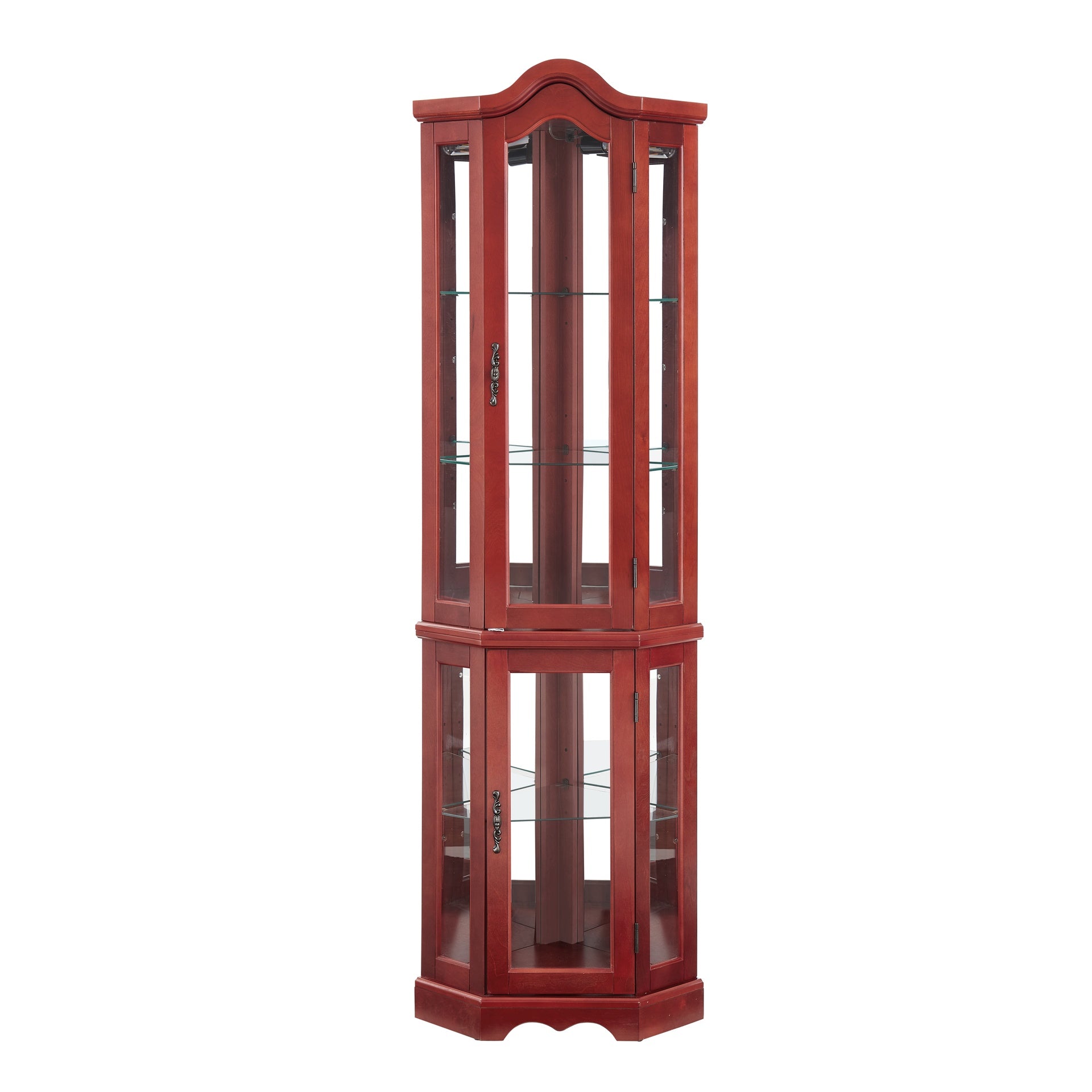 Curio Cabinet Lighted Glass Display Curio Cabinet w/Tempered Glass Doors and Shelves, Crown Corner Cabinet with Bulb, Corner Storage Decoration for Living room and Bedroom Cherry