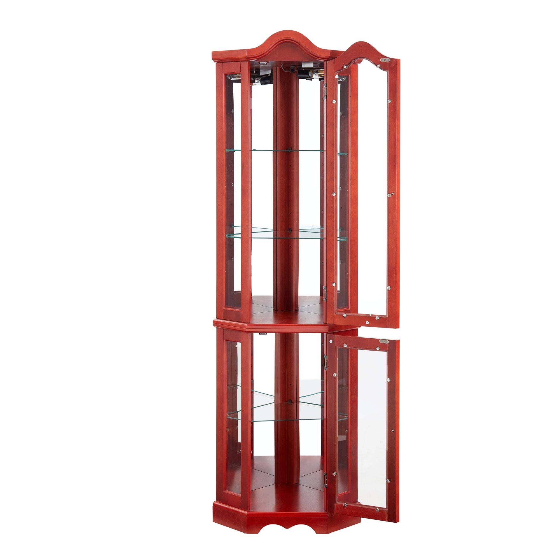 Curio Cabinet Lighted Glass Display Curio Cabinet w/Tempered Glass Doors and Shelves, Crown Corner Cabinet with Bulb, Corner Storage Decoration for Living room and Bedroom Cherry