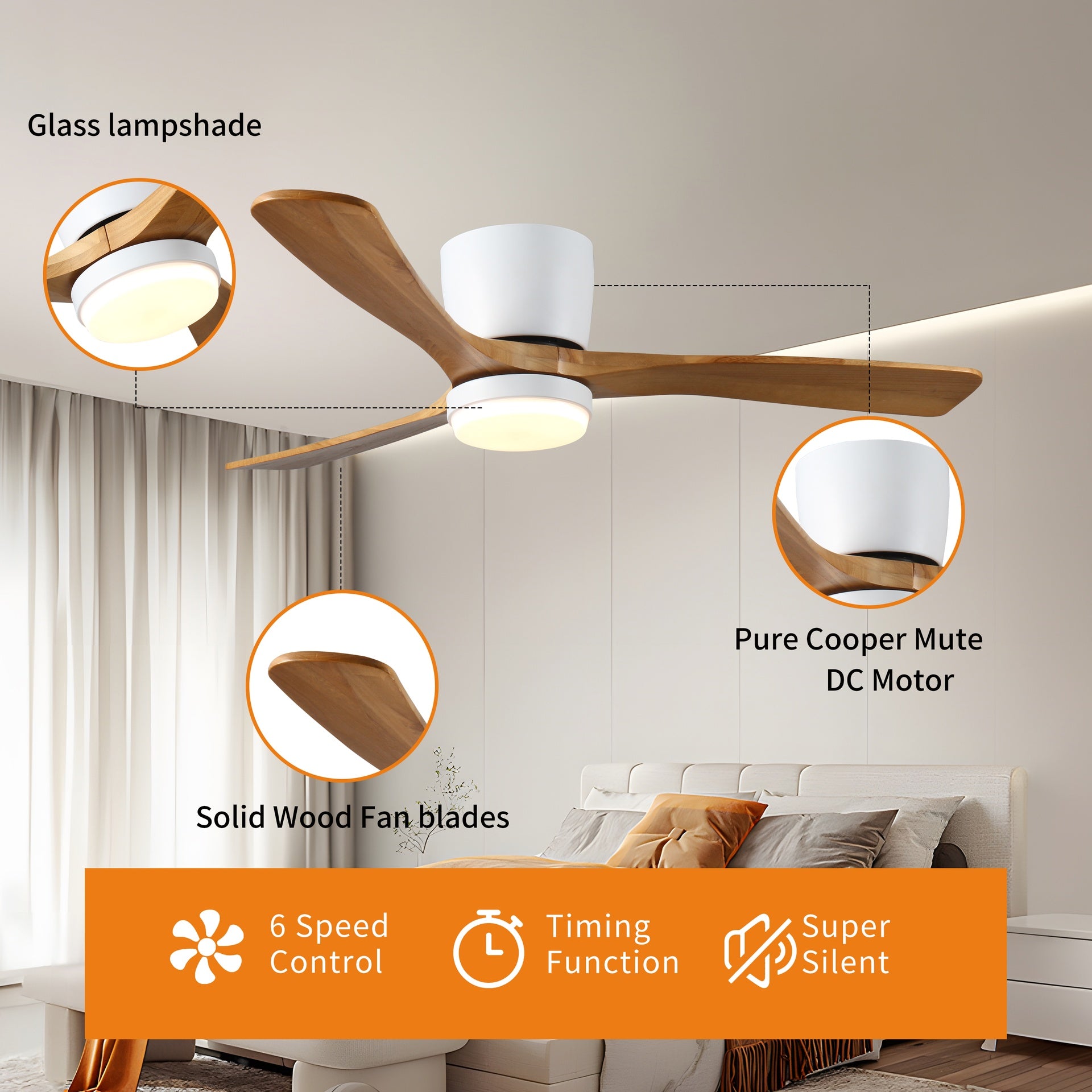 52 inch White Wood Ceiling Fans with Lights and Remote, Modern Flush Mount Low Profile Ceiling Fan with Light, 6 Speed, Reversible DC Motor, for Bedroom/Outdoor/Farmhouse/Patios
