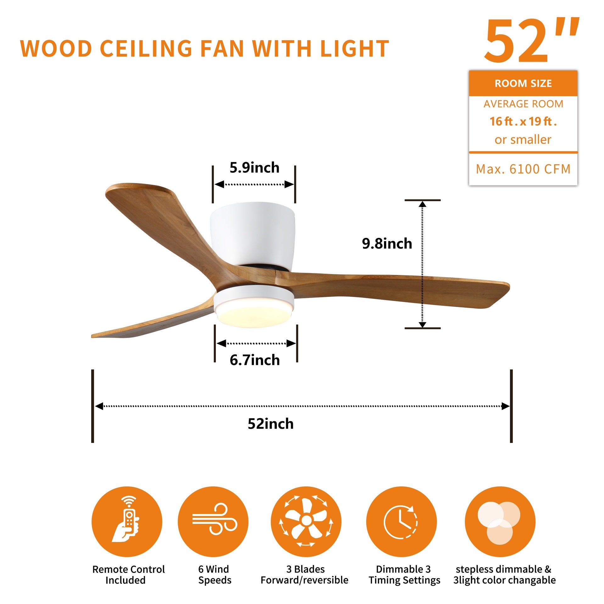 52 inch White Wood Ceiling Fans with Lights and Remote, Modern Flush Mount Low Profile Ceiling Fan with Light, 6 Speed, Reversible DC Motor, for Bedroom/Outdoor/Farmhouse/Patios