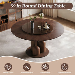 59-inch Natural Oak Wabi-Sabi Round Dining Table with 35-inch Tempered Glass Lazy Susan, Handcrafted Japanese Style Sculptural Table for Living Room & Restaurant