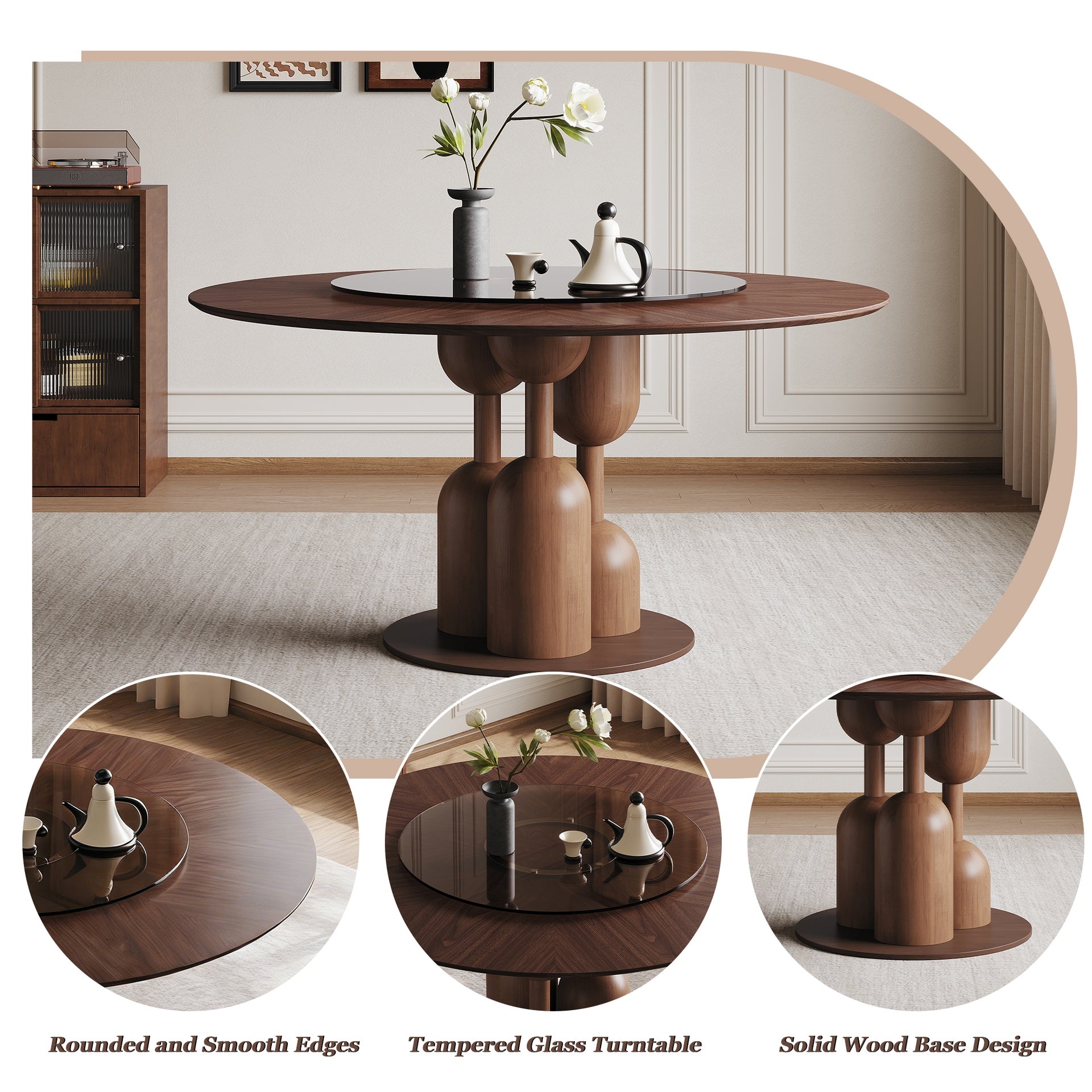 59-inch Natural Oak Wabi-Sabi Round Dining Table with 35-inch Tempered Glass Lazy Susan, Handcrafted Japanese Style Sculptural Table for Living Room & Restaurant