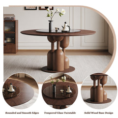 59-inch Natural Oak Wabi-Sabi Round Dining Table with 35-inch Tempered Glass Lazy Susan, Handcrafted Japanese Style Sculptural Table for Living Room & Restaurant