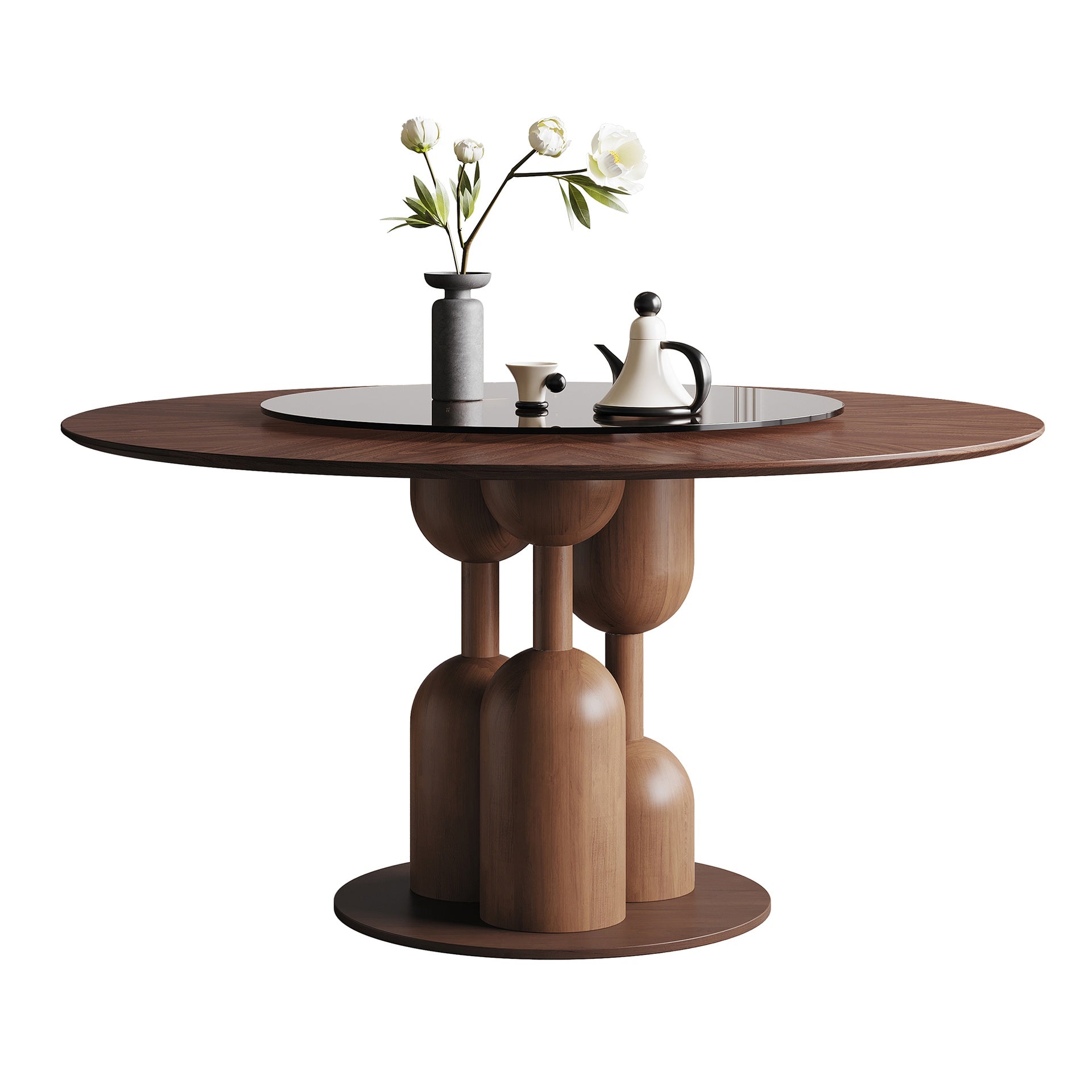 59-inch Natural Oak Wabi-Sabi Round Dining Table with 35-inch Tempered Glass Lazy Susan, Handcrafted Japanese Style Sculptural Table for Living Room & Restaurant