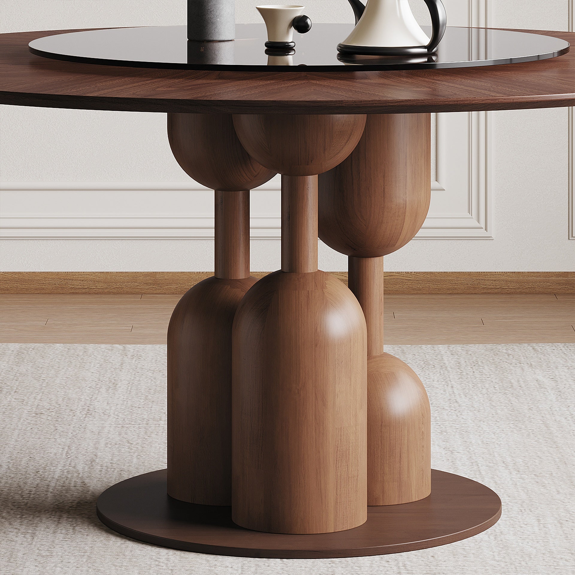 59-inch Natural Oak Wabi-Sabi Round Dining Table with 35-inch Tempered Glass Lazy Susan, Handcrafted Japanese Style Sculptural Table for Living Room & Restaurant