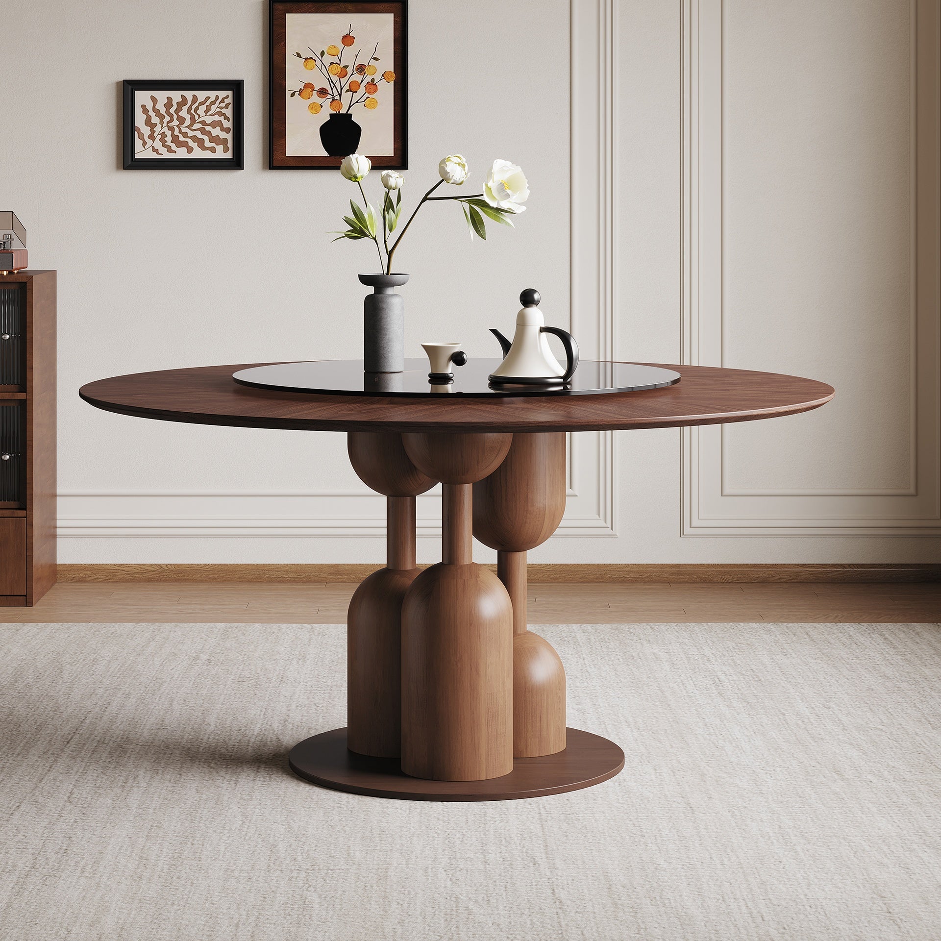 59-inch Natural Oak Wabi-Sabi Round Dining Table with 35-inch Tempered Glass Lazy Susan, Handcrafted Japanese Style Sculptural Table for Living Room & Restaurant