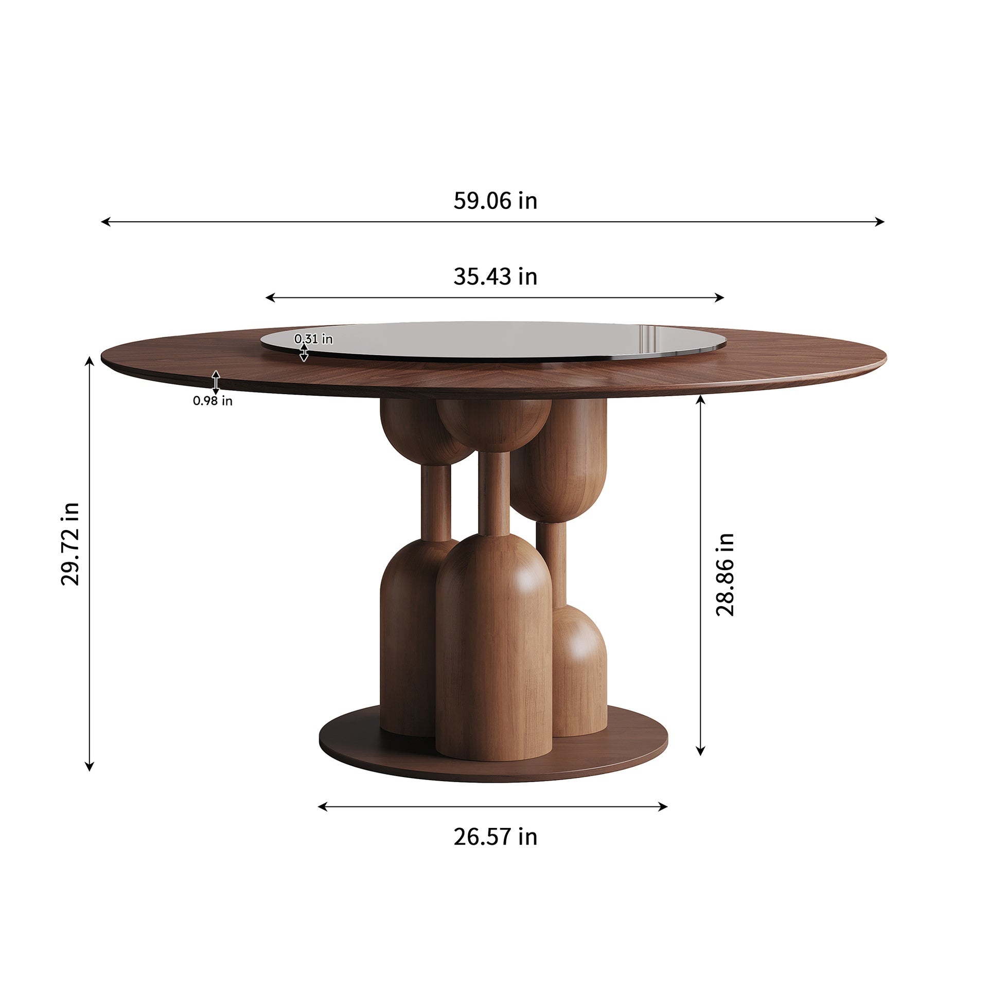 59-inch Natural Oak Wabi-Sabi Round Dining Table with 35-inch Tempered Glass Lazy Susan, Handcrafted Japanese Style Sculptural Table for Living Room & Restaurant