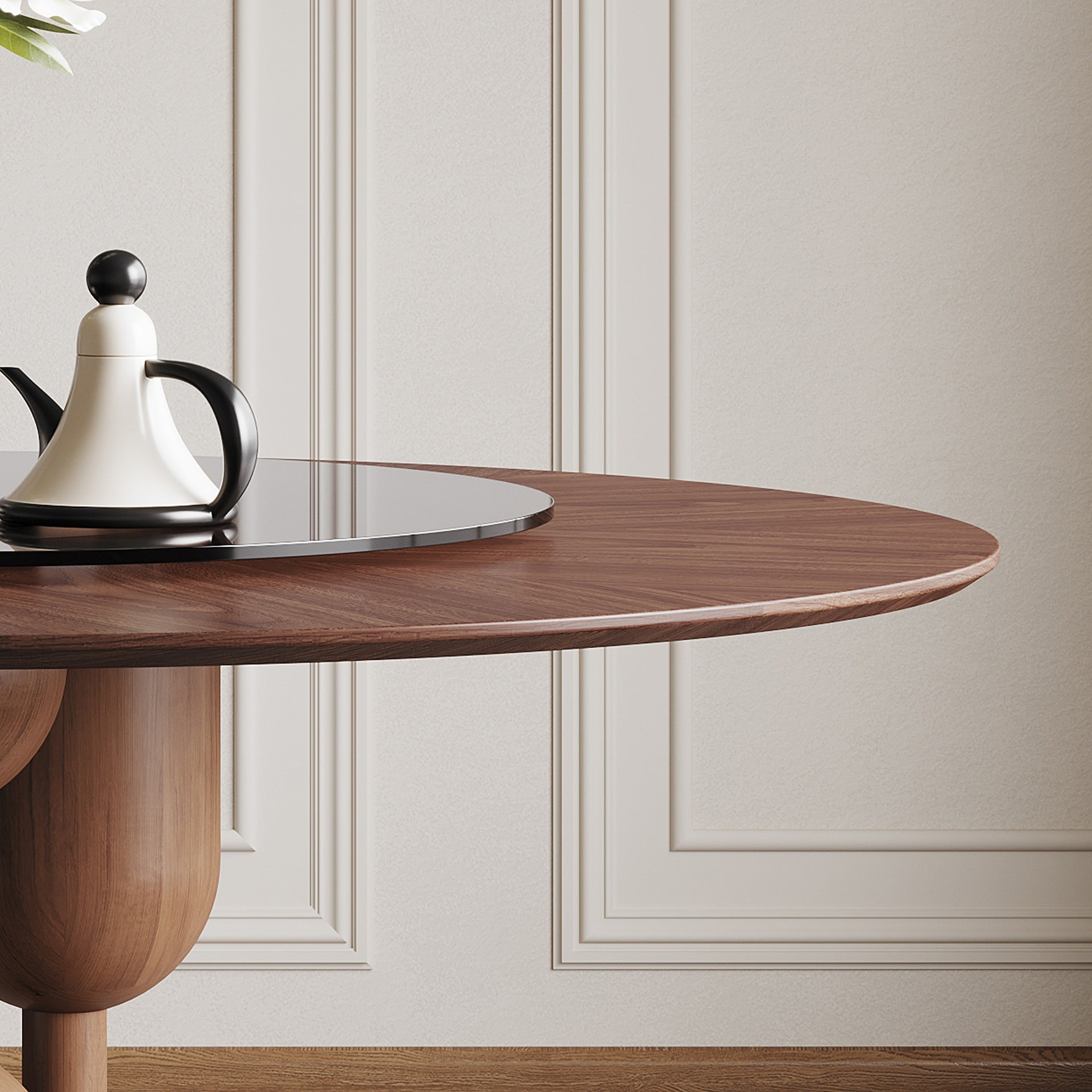 59-inch Natural Oak Wabi-Sabi Round Dining Table with 35-inch Tempered Glass Lazy Susan, Handcrafted Japanese Style Sculptural Table for Living Room & Restaurant