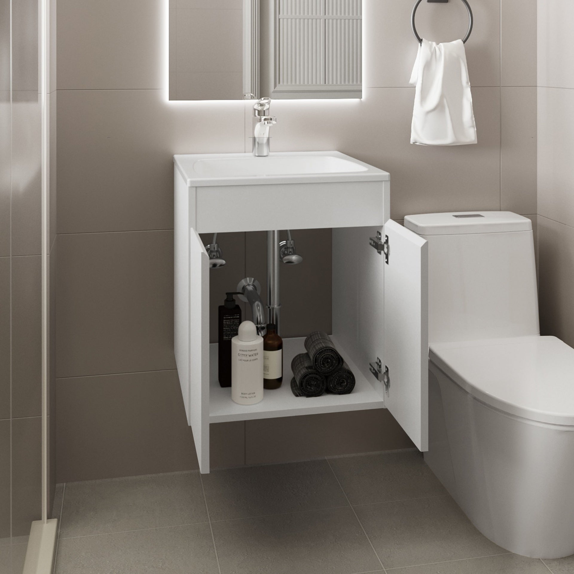 Bathroom Vanity Meka 45 with Two Drawers and Open Shelf, Wall-Mounted Storage, White