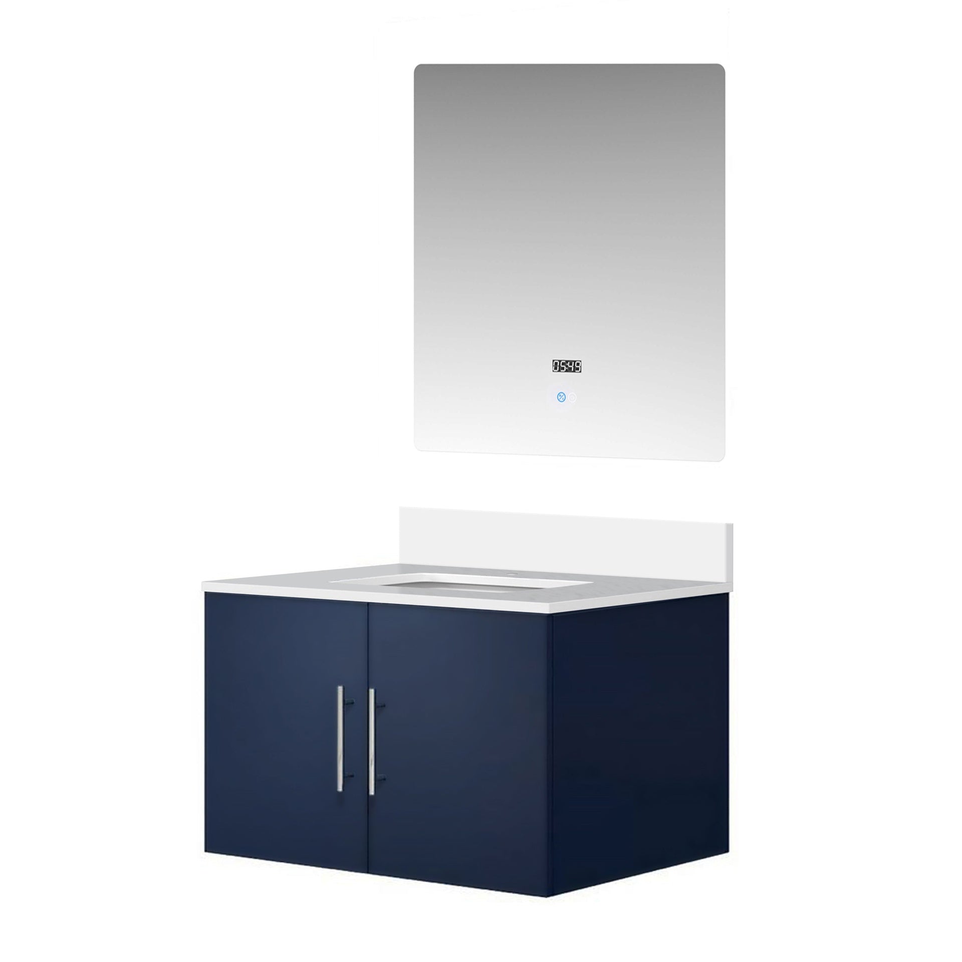 Navy Blue Bath Vanity 30 in. W x 22 in. D, White Quartz Top, and 30 in. LED Mirror