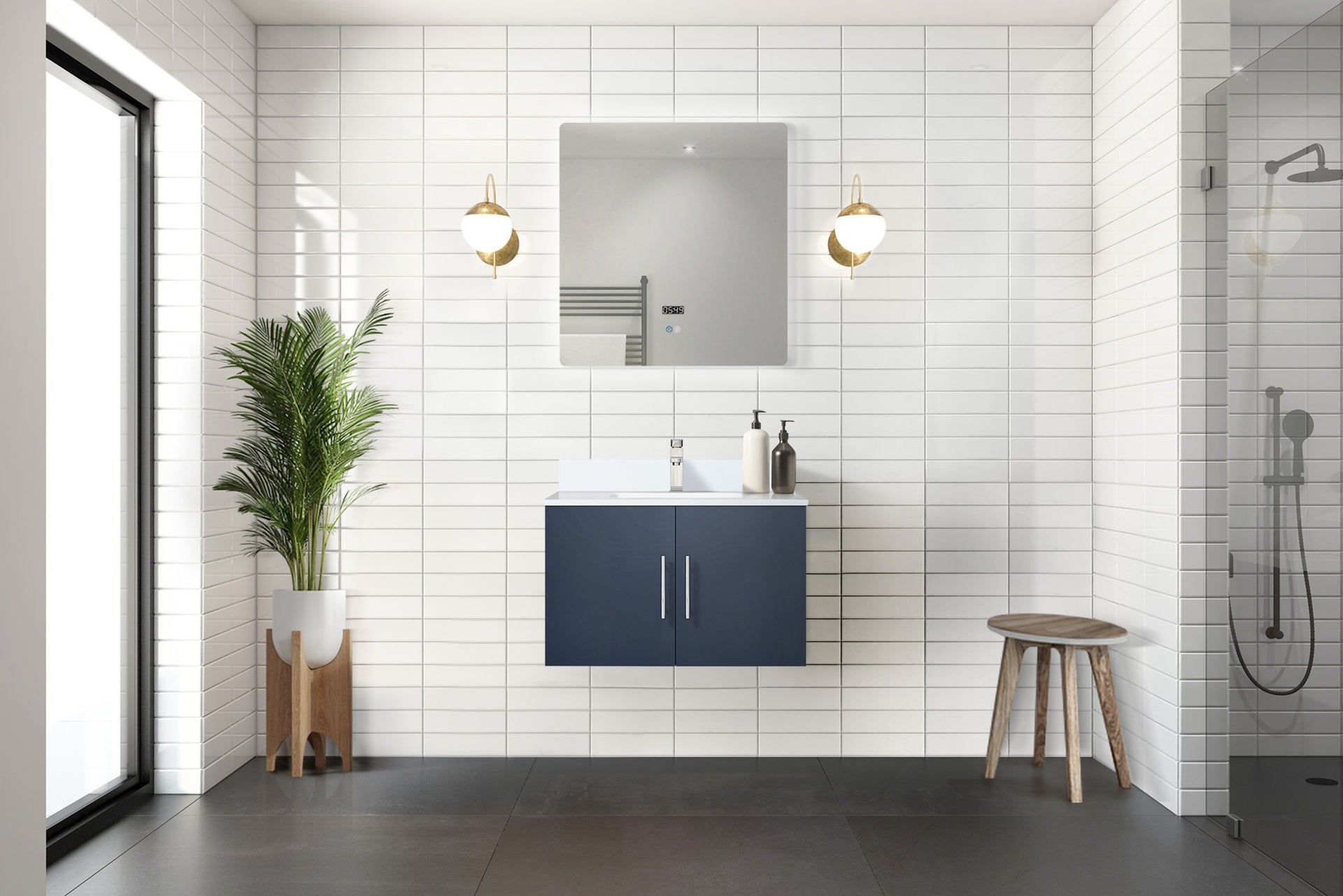 Navy Blue Bath Vanity 30 in. W x 22 in. D, White Quartz Top, and 30 in. LED Mirror
