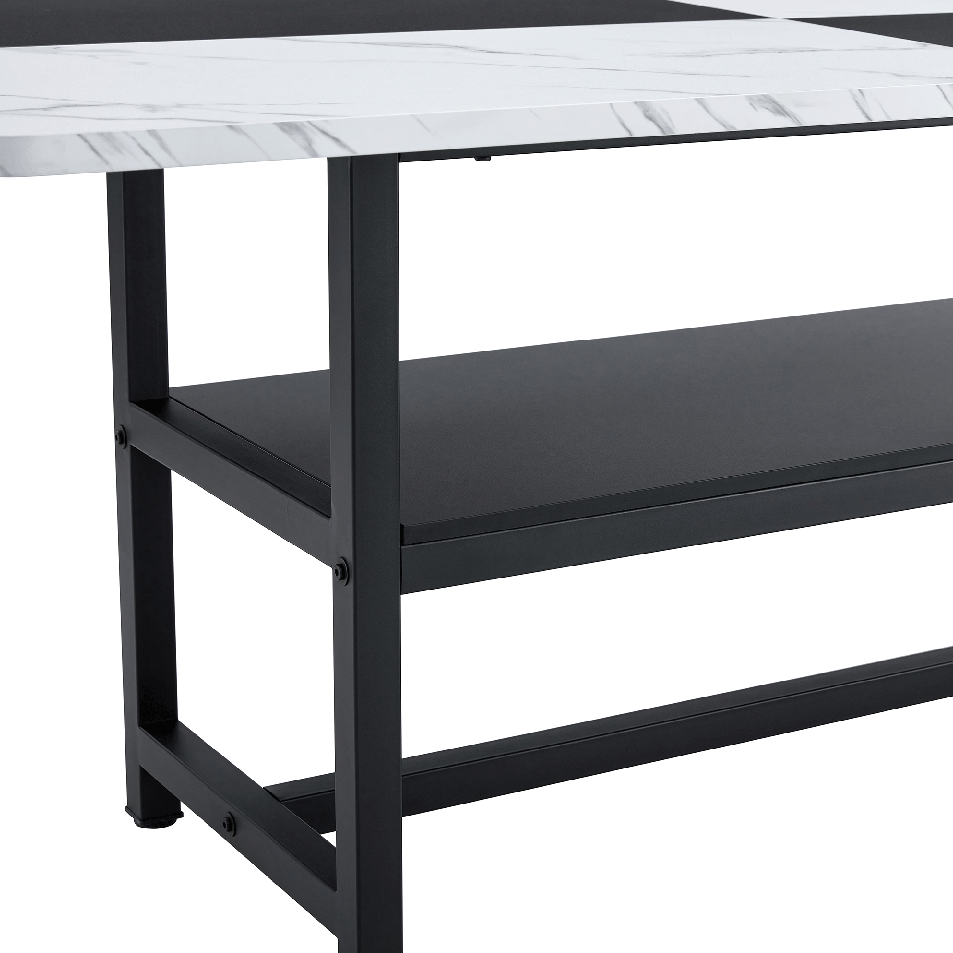 Table and chair set.71*35.4 inch White And Black Spliced Dining Table With Storage Function In The Middle Of The Table Legs.Paired With 8 Light Gray Linen-Cotton Dining Chairs, Simple And Versatile.