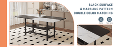 Table and chair set.71*35.4 inch White And Black Spliced Dining Table With Storage Function In The Middle Of The Table Legs.Paired With 8 Light Gray Linen-Cotton Dining Chairs, Simple And Versatile.