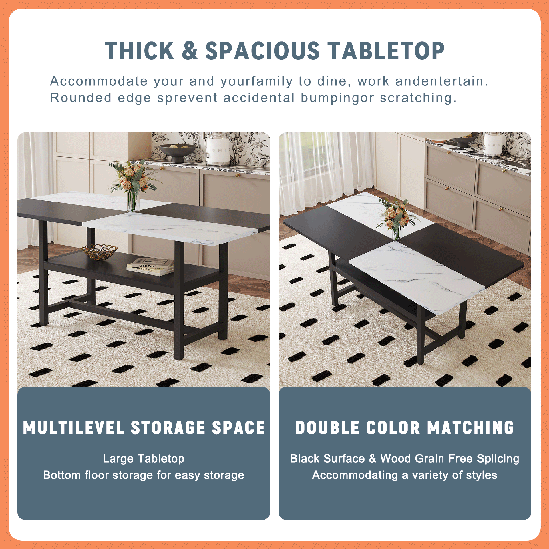 Table and chair set.71*35.4 inch White And Black Spliced Dining Table With Storage Function In The Middle Of The Table Legs.Paired With 8 Light Gray Linen-Cotton Dining Chairs, Simple And Versatile.