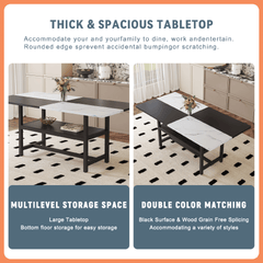 Table and chair set.71*35.4 inch White And Black Spliced Dining Table With Storage Function In The Middle Of The Table Legs.Paired With 8 Light Gray Linen-Cotton Dining Chairs, Simple And Versatile.