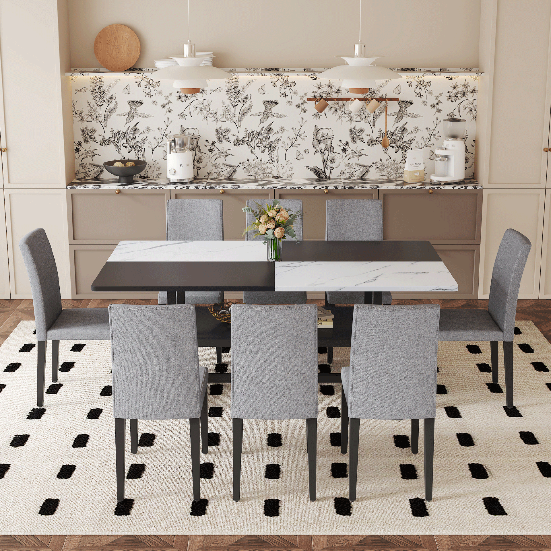 Table and chair set.71*35.4 inch White And Black Spliced Dining Table With Storage Function In The Middle Of The Table Legs.Paired With 8 Light Gray Linen-Cotton Dining Chairs, Simple And Versatile.