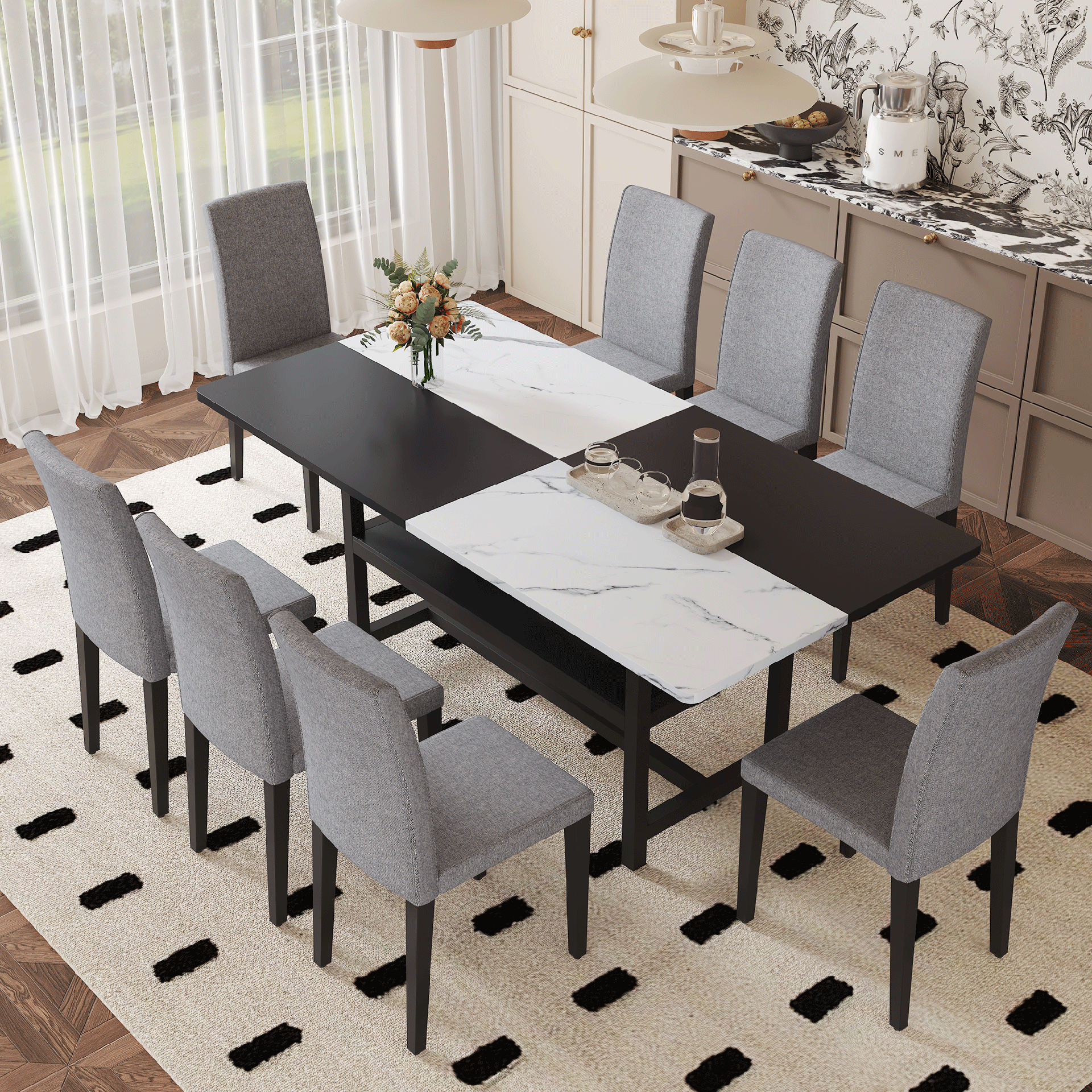 Table and chair set.71*35.4 inch White And Black Spliced Dining Table With Storage Function In The Middle Of The Table Legs.Paired With 8 Light Gray Linen-Cotton Dining Chairs, Simple And Versatile.