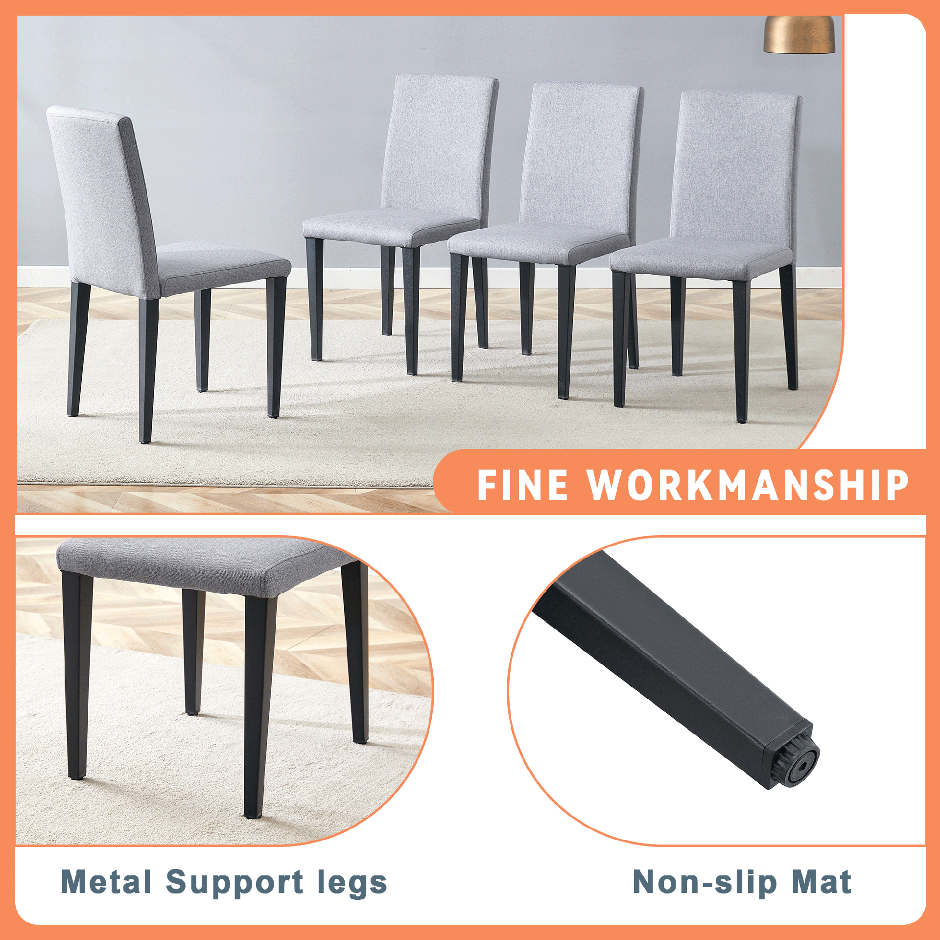 Table and chair set.71*35.4 inch White And Black Spliced Dining Table With Storage Function In The Middle Of The Table Legs.Paired With 8 Light Gray Linen-Cotton Dining Chairs, Simple And Versatile.