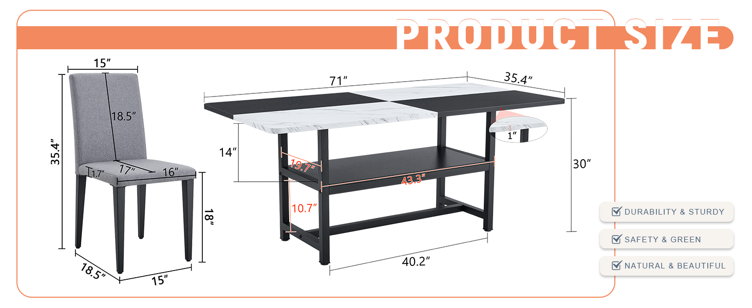 Table and chair set.71*35.4 inch White And Black Spliced Dining Table With Storage Function In The Middle Of The Table Legs.Paired With 8 Light Gray Linen-Cotton Dining Chairs, Simple And Versatile.