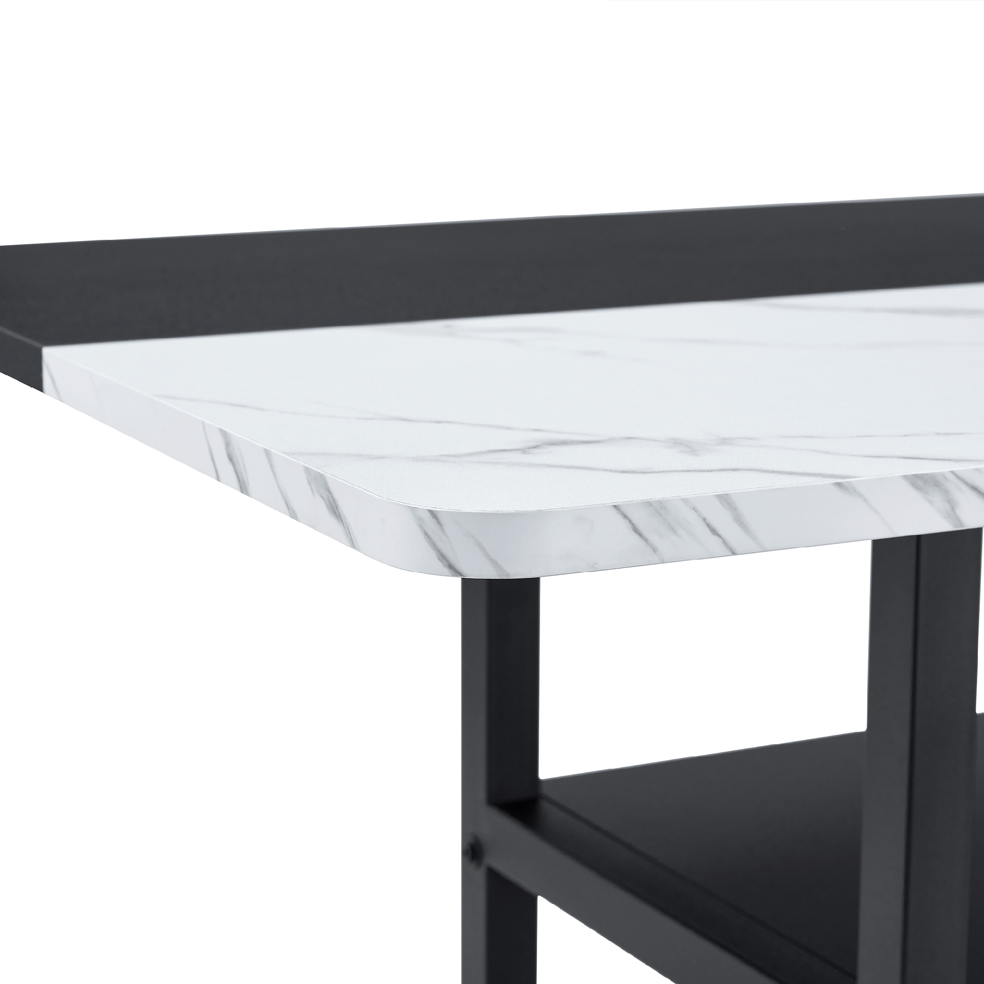 Table and chair set.71*35.4 inch White And Black Spliced Dining Table With Storage Function In The Middle Of The Table Legs.Paired With 8 Light Gray Linen-Cotton Dining Chairs, Simple And Versatile.