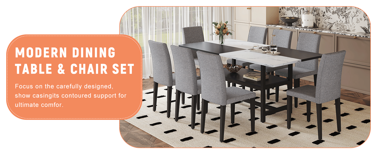 Table and chair set.71*35.4 inch White And Black Spliced Dining Table With Storage Function In The Middle Of The Table Legs.Paired With 8 Light Gray Linen-Cotton Dining Chairs, Simple And Versatile.