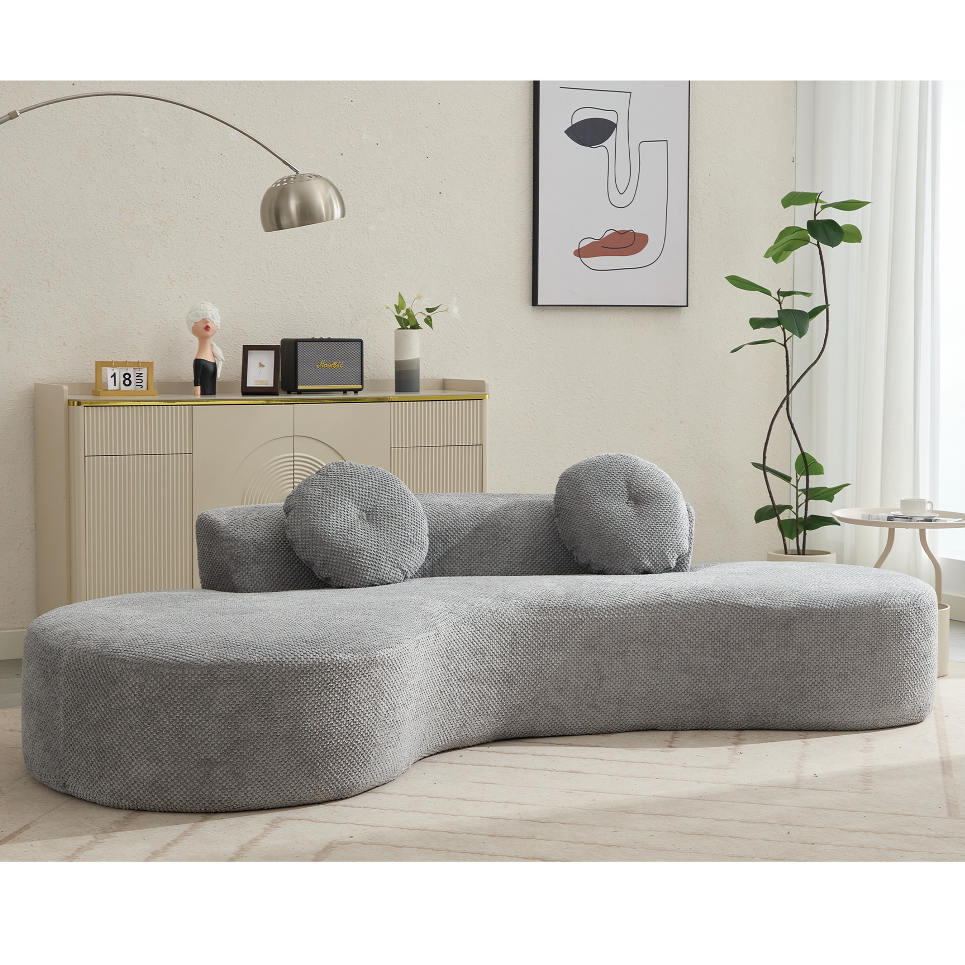 [NEW ARRIVED] [VIDEO PROVIDED]105.5''Curved Sofa, Modern Minimalist Sofa, Cloud Couch Sofa 3-4 Seater Couch with 2 Pillows,Bedroom,  No Assembly Required, Point-shaped corduroy,(Anti-Wrinkle) , Gray