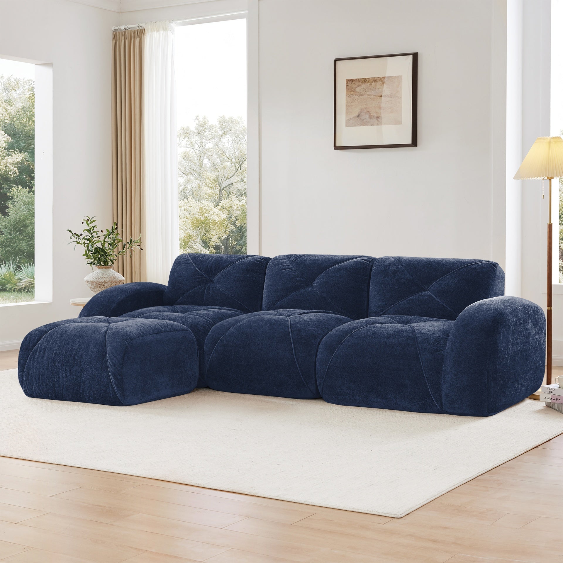 L-shaped Soft Velvet Fabric,Boneless Sofa,Tufted Design,Ergonomic Design Bottom,32D High Density Sponge,No Assembly Required Bottom,Anti-Slip Design,Movable Ottoman For Living Room,Blue