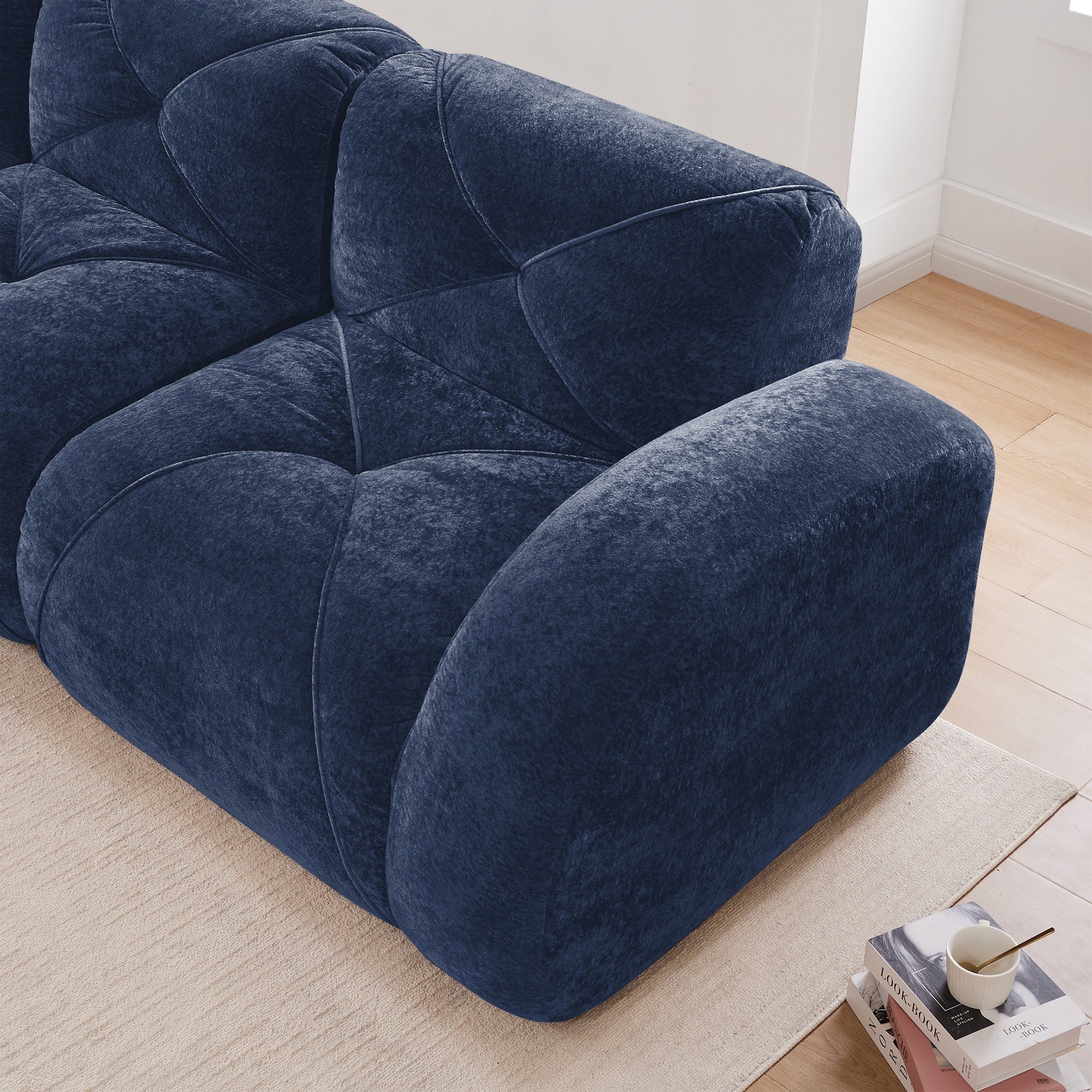 L-shaped Soft Velvet Fabric,Boneless Sofa,Tufted Design,Ergonomic Design Bottom,32D High Density Sponge,No Assembly Required Bottom,Anti-Slip Design,Movable Ottoman For Living Room,Blue