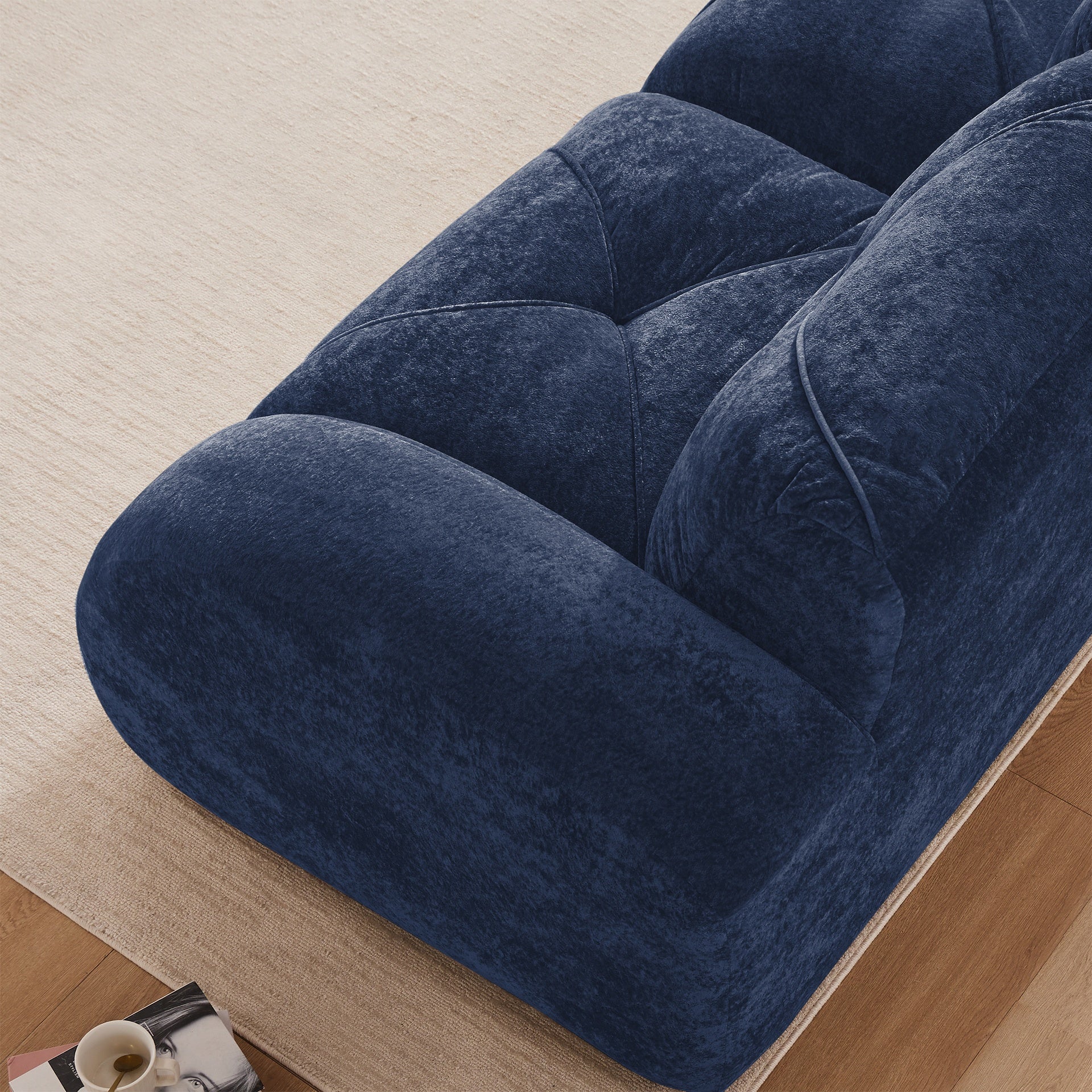 L-shaped Soft Velvet Fabric,Boneless Sofa,Tufted Design,Ergonomic Design Bottom,32D High Density Sponge,No Assembly Required Bottom,Anti-Slip Design,Movable Ottoman For Living Room,Blue