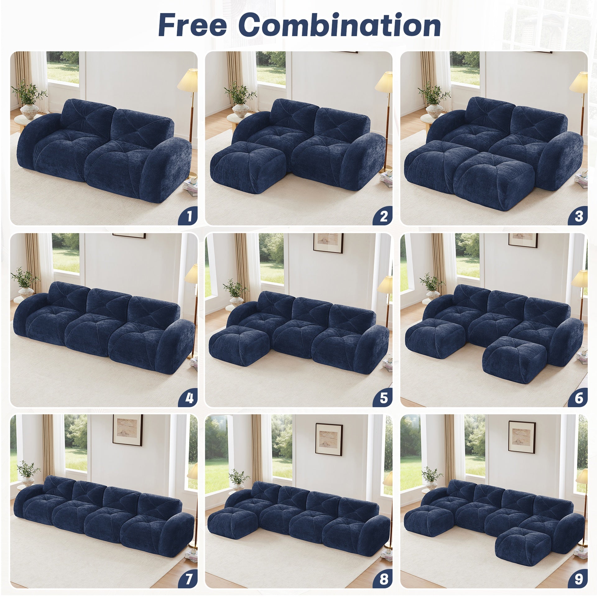L-shaped Soft Velvet Fabric,Boneless Sofa,Tufted Design,Ergonomic Design Bottom,32D High Density Sponge,No Assembly Required Bottom,Anti-Slip Design,Movable Ottoman For Living Room,Blue