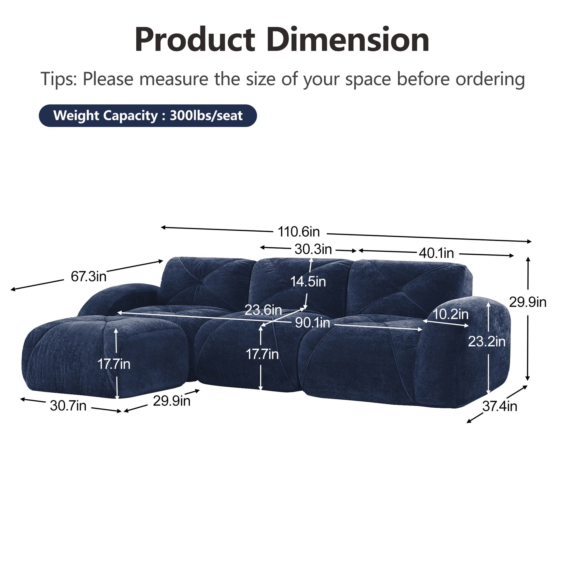 L-shaped Soft Velvet Fabric,Boneless Sofa,Tufted Design,Ergonomic Design Bottom,32D High Density Sponge,No Assembly Required Bottom,Anti-Slip Design,Movable Ottoman For Living Room,Blue