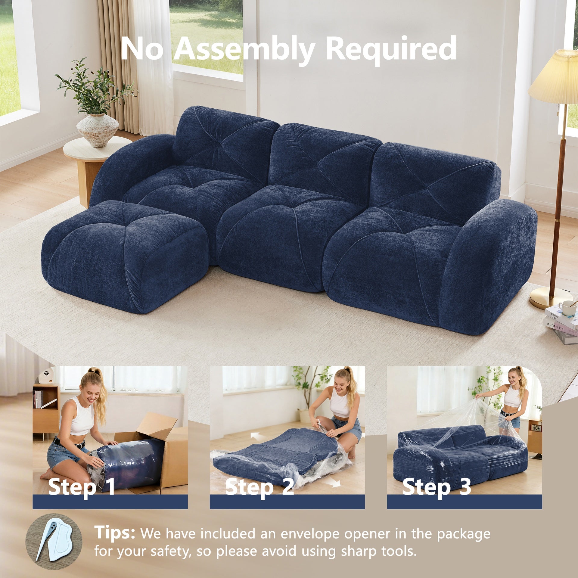 L-shaped Soft Velvet Fabric,Boneless Sofa,Tufted Design,Ergonomic Design Bottom,32D High Density Sponge,No Assembly Required Bottom,Anti-Slip Design,Movable Ottoman For Living Room,Blue
