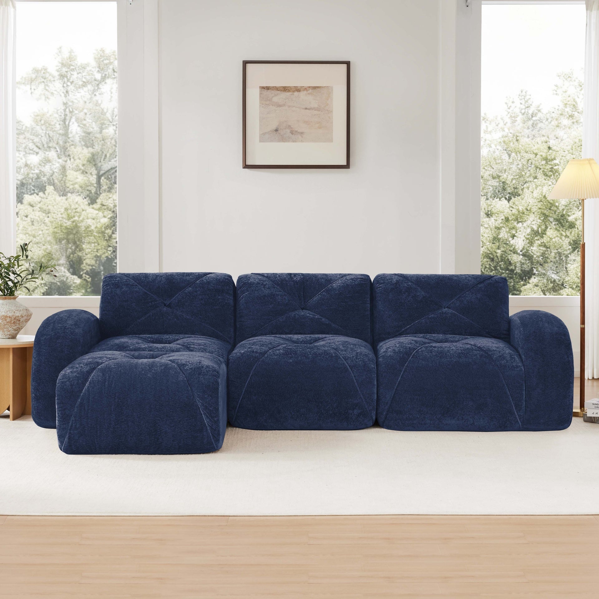 L-shaped Soft Velvet Fabric,Boneless Sofa,Tufted Design,Ergonomic Design Bottom,32D High Density Sponge,No Assembly Required Bottom,Anti-Slip Design,Movable Ottoman For Living Room,Blue