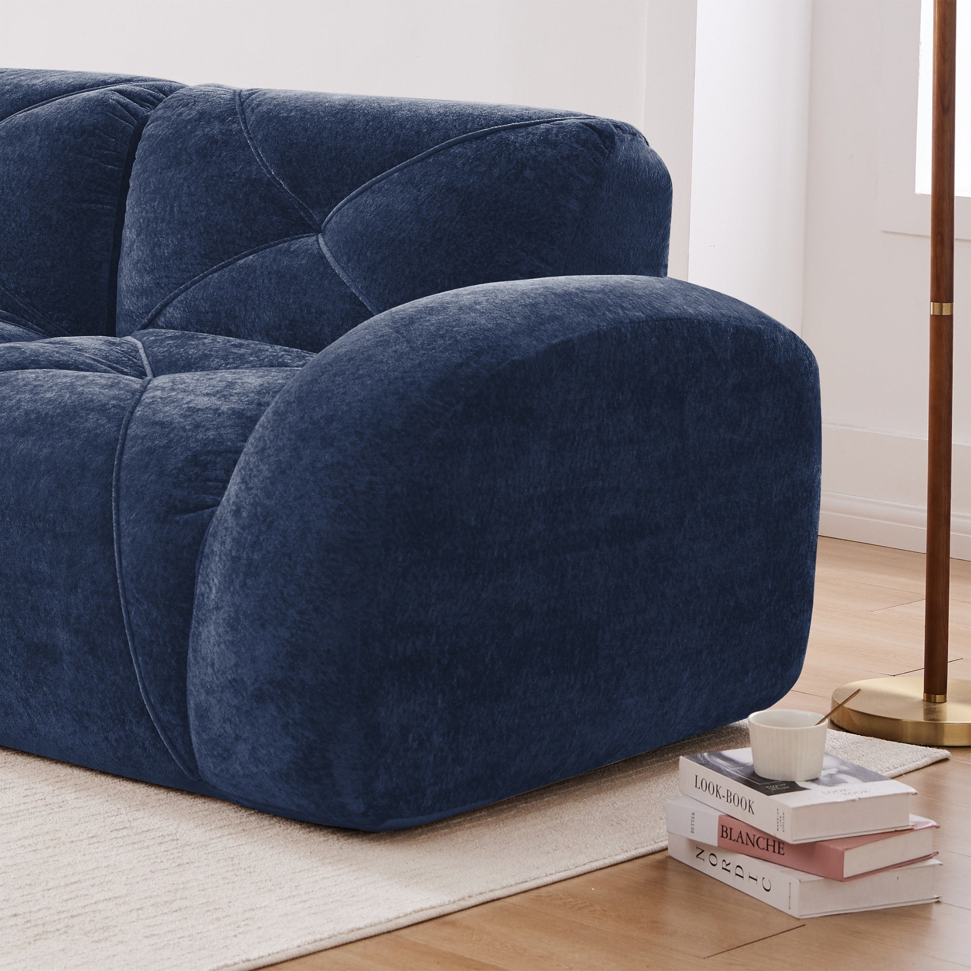 L-shaped Soft Velvet Fabric,Boneless Sofa,Tufted Design,Ergonomic Design Bottom,32D High Density Sponge,No Assembly Required Bottom,Anti-Slip Design,Movable Ottoman For Living Room,Blue