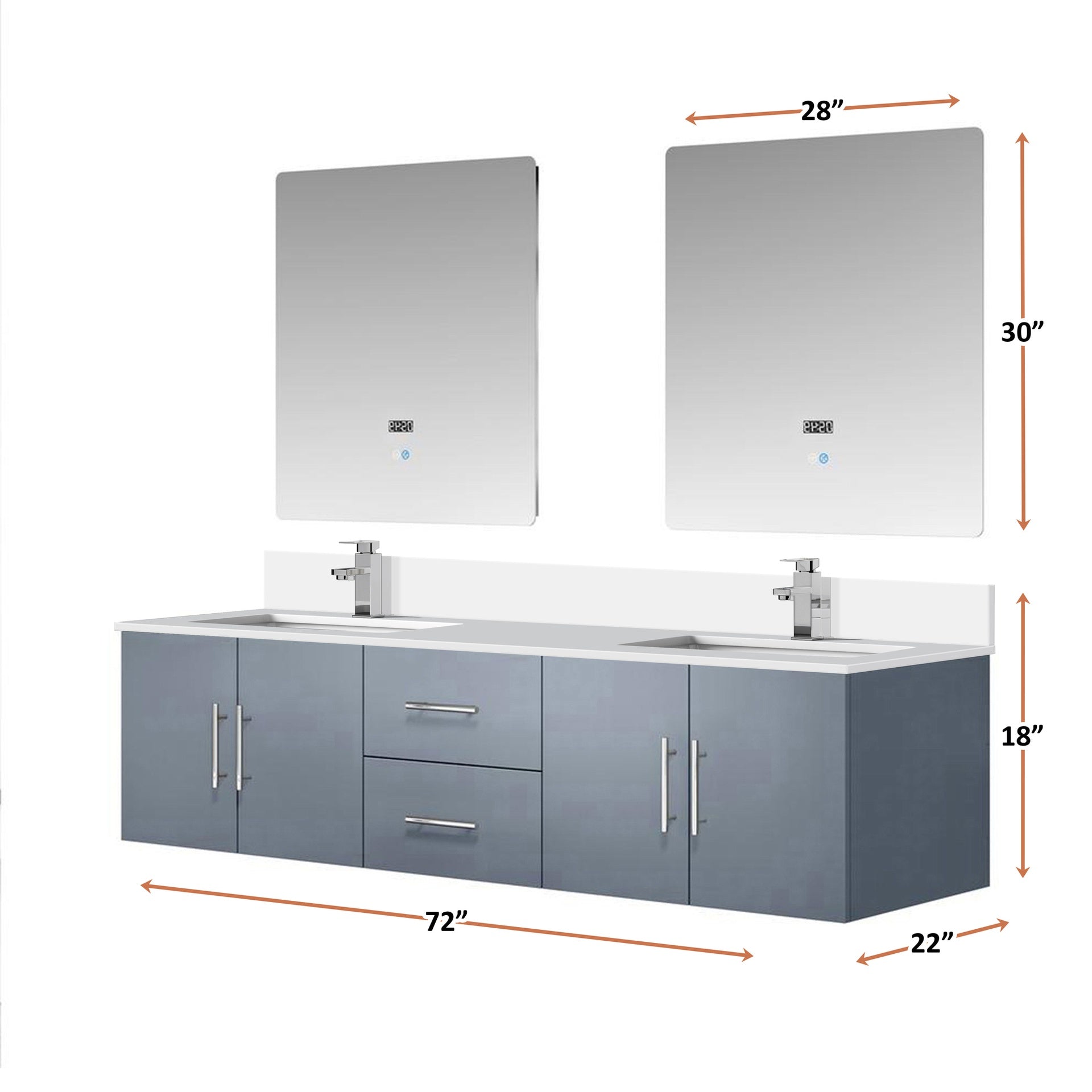 Dark Grey Double Bath Vanity 72 in. W x 22 in. D, Cultured Marble Top, Faucet Set, and 30 in. LED Mirrors