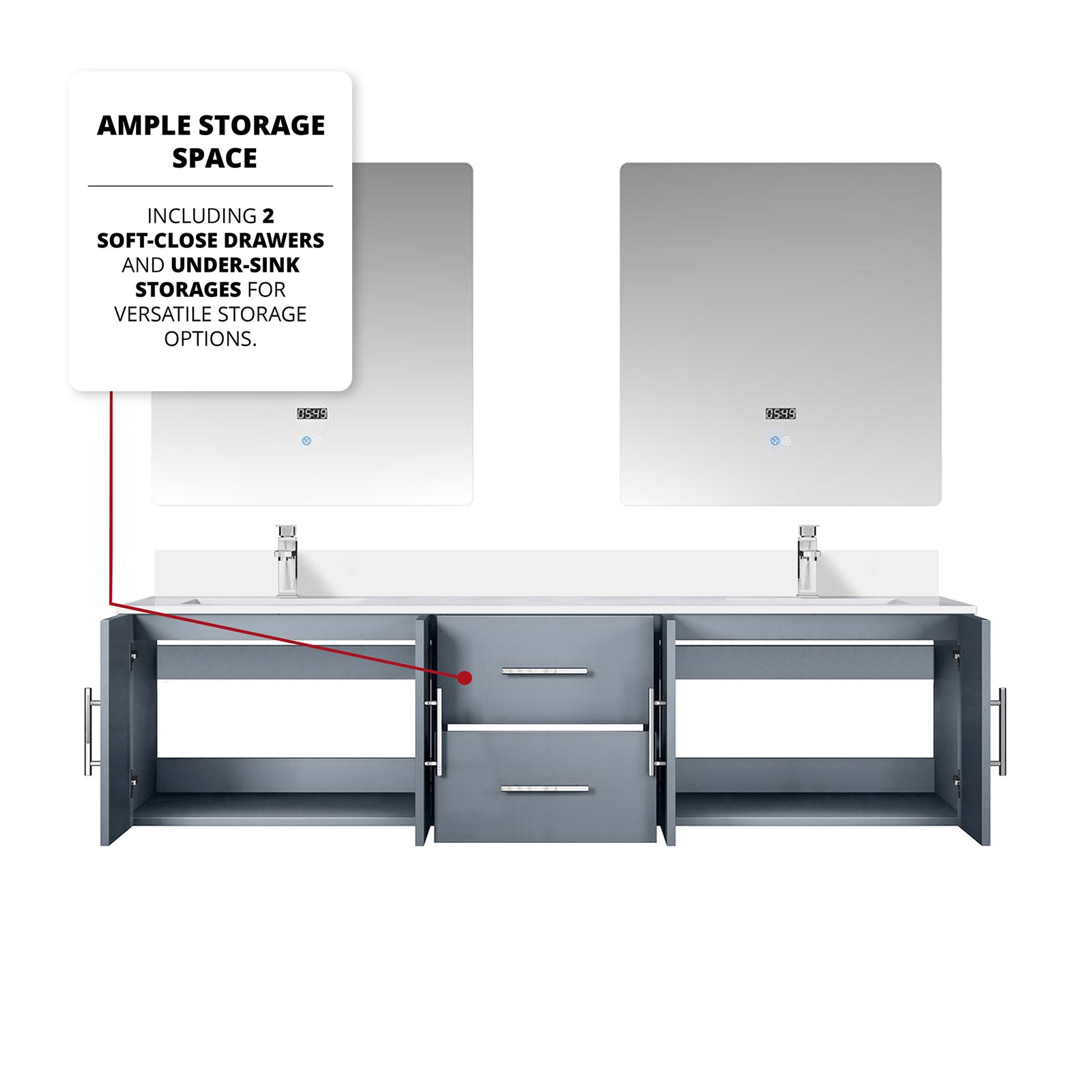 Dark Grey Double Bath Vanity 72 in. W x 22 in. D, Cultured Marble Top, Faucet Set, and 30 in. LED Mirrors
