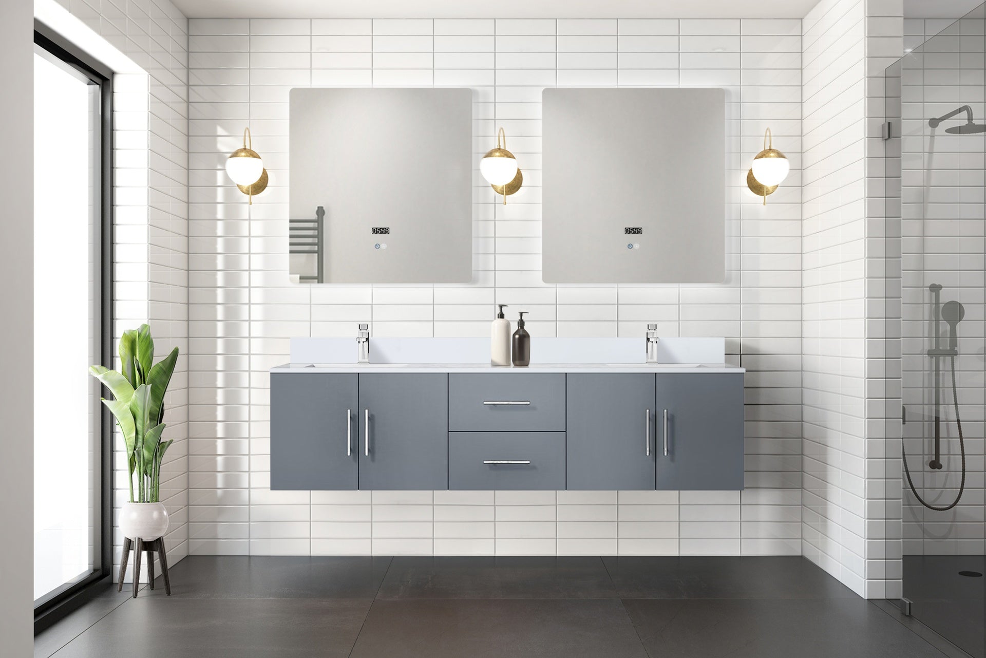 Dark Grey Double Bath Vanity 72 in. W x 22 in. D, Cultured Marble Top, Faucet Set, and 30 in. LED Mirrors