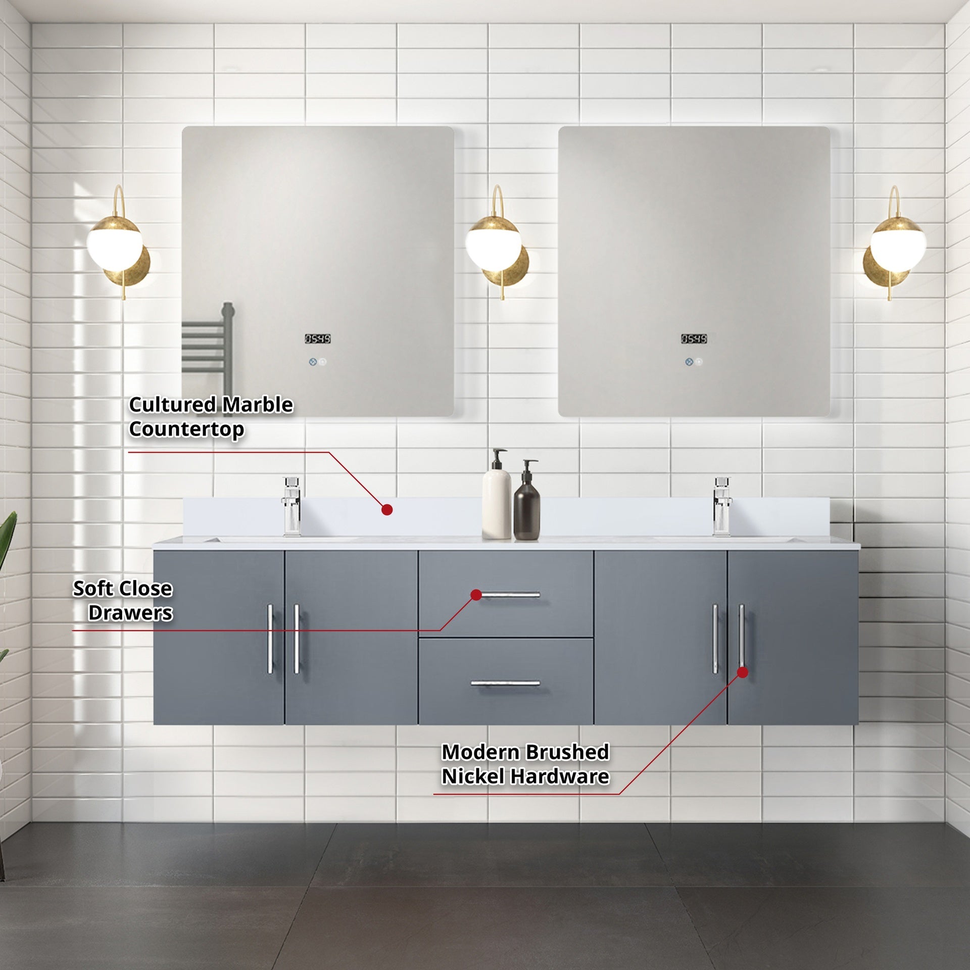 Dark Grey Double Bath Vanity 72 in. W x 22 in. D, Cultured Marble Top, Faucet Set, and 30 in. LED Mirrors
