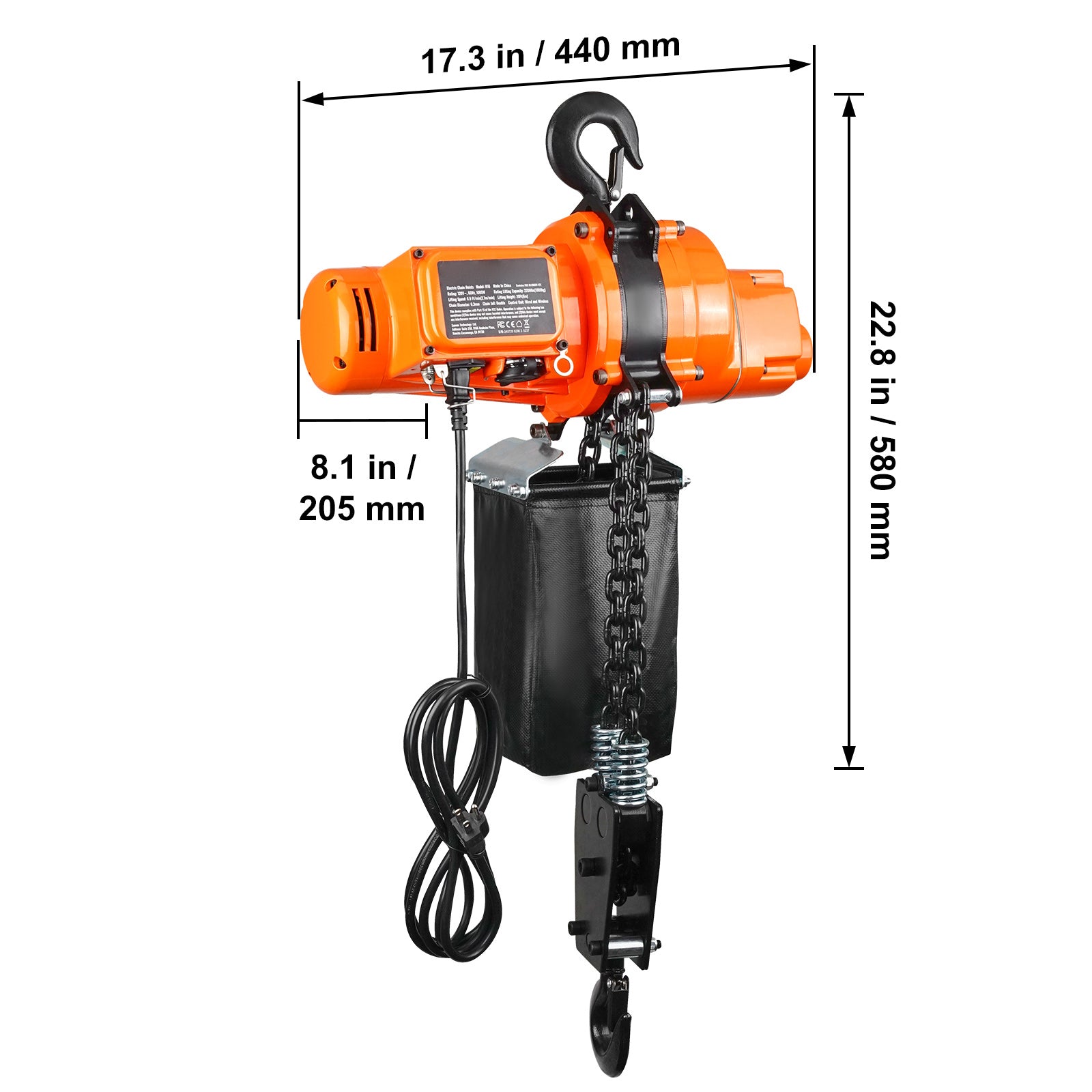 Electric Chain Hoist Single Phase Crane Hoist 2200 lbs Load 20 ft Lifting