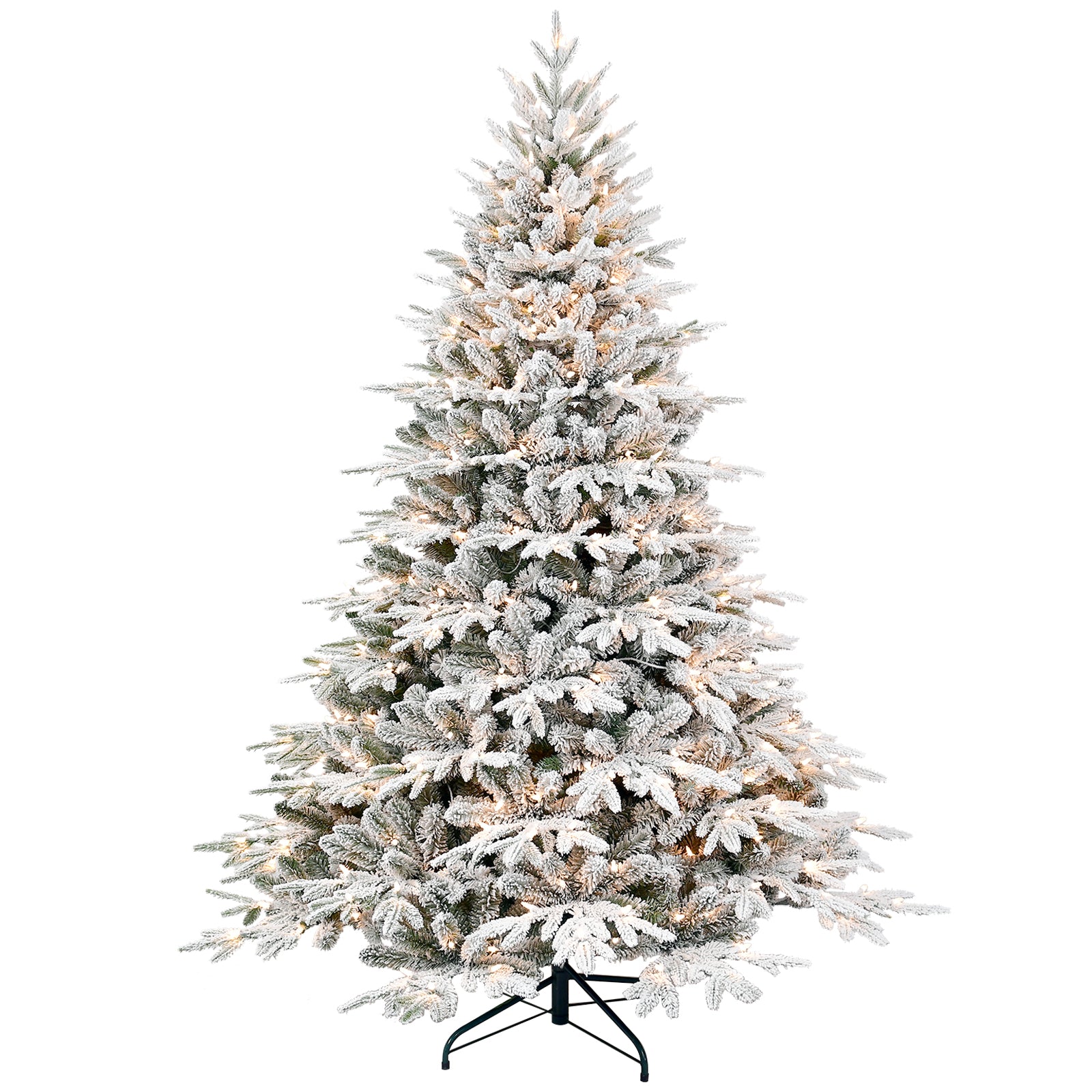6ft Pre-Lit Flocked Artificial Christmas Tree with 400 Warm White Incandescent Lights, 1931 Tips, Snowy PE+PVC Hinged Pine with Partial Memory Wire Branches, Foldable Metal Stand for Holiday Dec