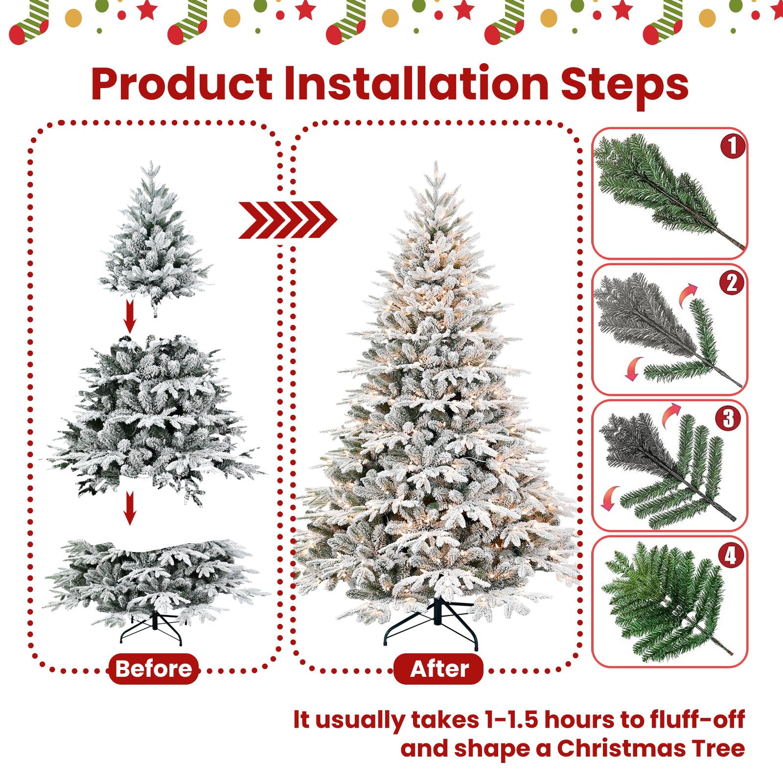 6ft Pre-Lit Flocked Artificial Christmas Tree with 400 Warm White Incandescent Lights, 1931 Tips, Snowy PE+PVC Hinged Pine with Partial Memory Wire Branches, Foldable Metal Stand for Holiday Dec